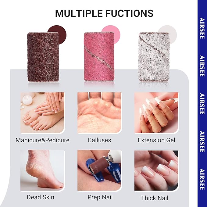 AIRSEE Sanding Bands for Electric Nail Drill 100 Piece Set 180 Grit Medium Acrylic File Attachments Professional Sander 1 Mandrel Bit Beauty Salon Accessories Manicure and Pedicure Finger Callus Brown