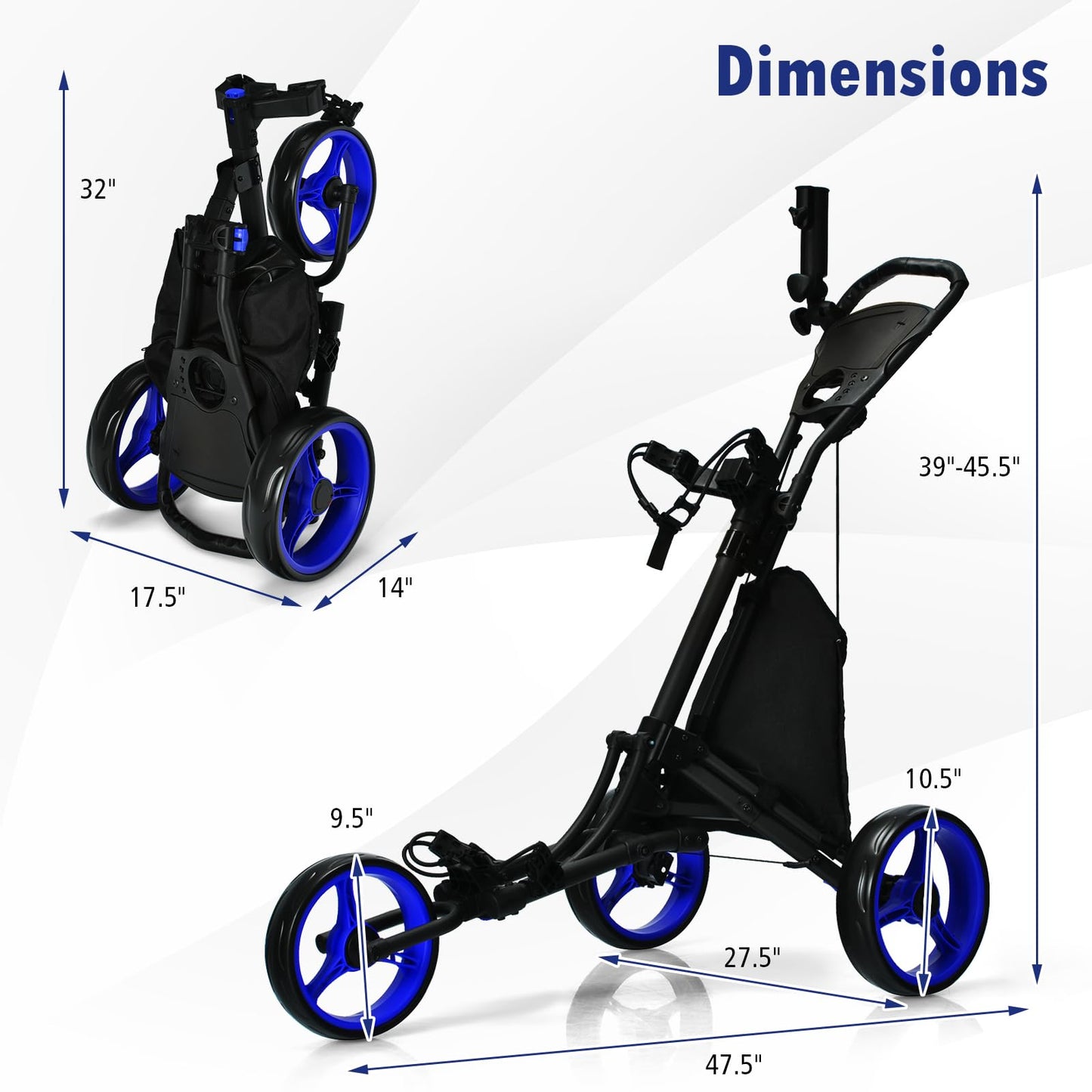 ULTIMATE 3 Wheel Golf Push Cart, Aluminum Folding Golf Walking Push Cart w/Elastic Strap, Umbrella & Cup Holder, Scoreboard Storage, Insulated Storage Bag, Adjustable Handle & Foot Brake (Blue)