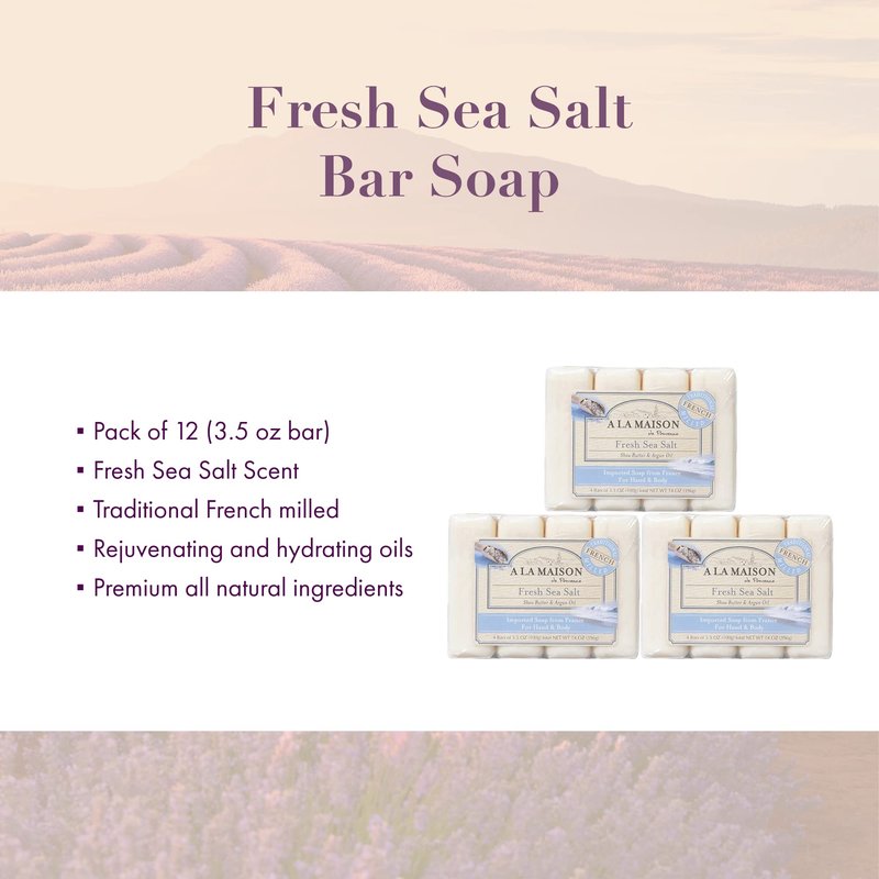 A LA MAISON Fresh Sea Salt Bar Soap - Triple French Milled Natural Moisturizing Hand Soap Bar (12 Bars of Soap, 3.5 oz)