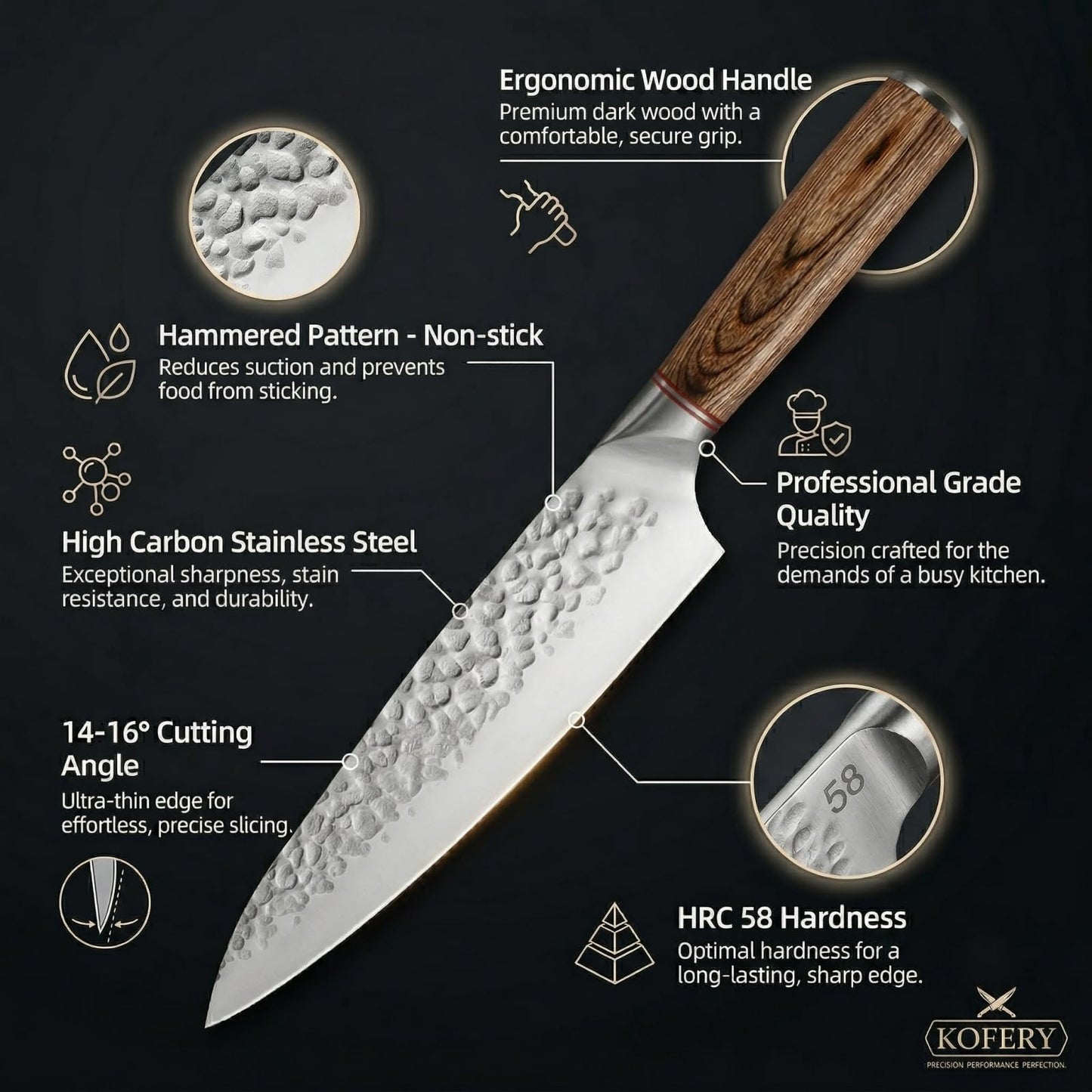 KOFERY 5 Piece Chef Knife Set, High Carbon Stainless Steel Kitchen Knives, Hand Forged Hammered Blades for Meat Cutting and Culinary School, Travel Pouch, Roll Bag, Honing Steel, Block Not Included