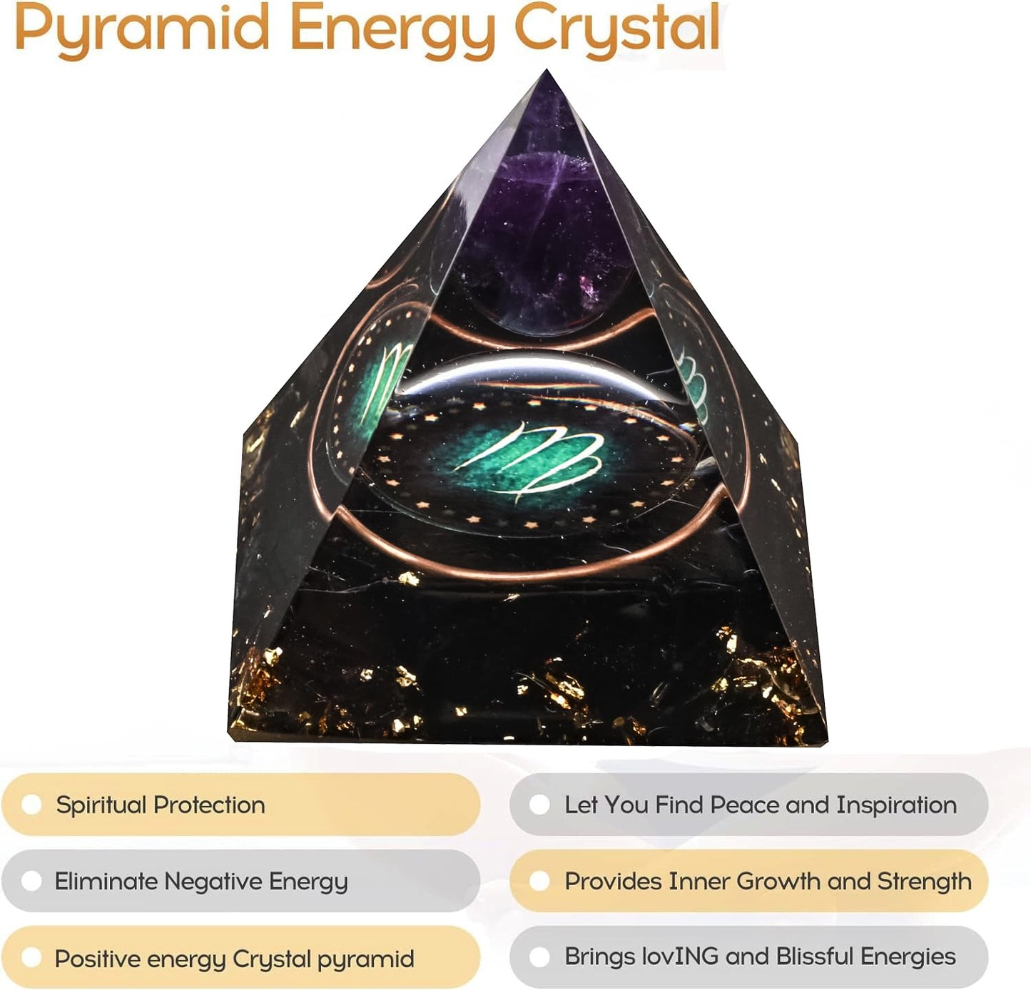 12 Zodiac Orgone Crystal Pyramid, Natural Amethyst with Obsidian,Healing Crystals Pyramid for Protection Chakra, Unique Constellation Pyramid for Positive Energy, Healing Money Health(Virgo)