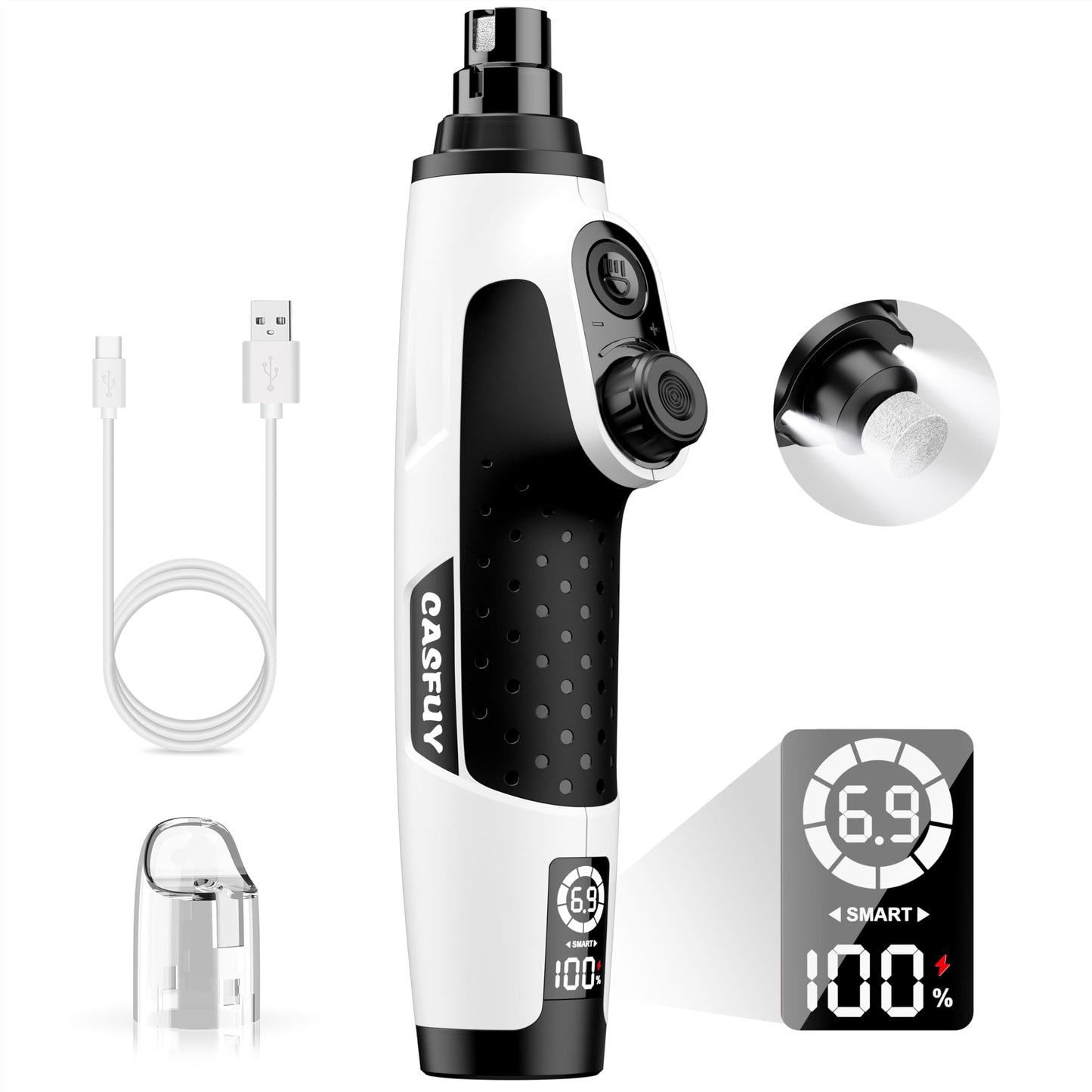 Casfuy Smart 6-Speed Dog Nail Grinder - 50% More Power Pet Nail Grinder with 2 LED Lights Quiet Rechargeable Electric Dog Nail Trimmers File Toenail Grinder for Large Medium Small Dogs & Cats (White)