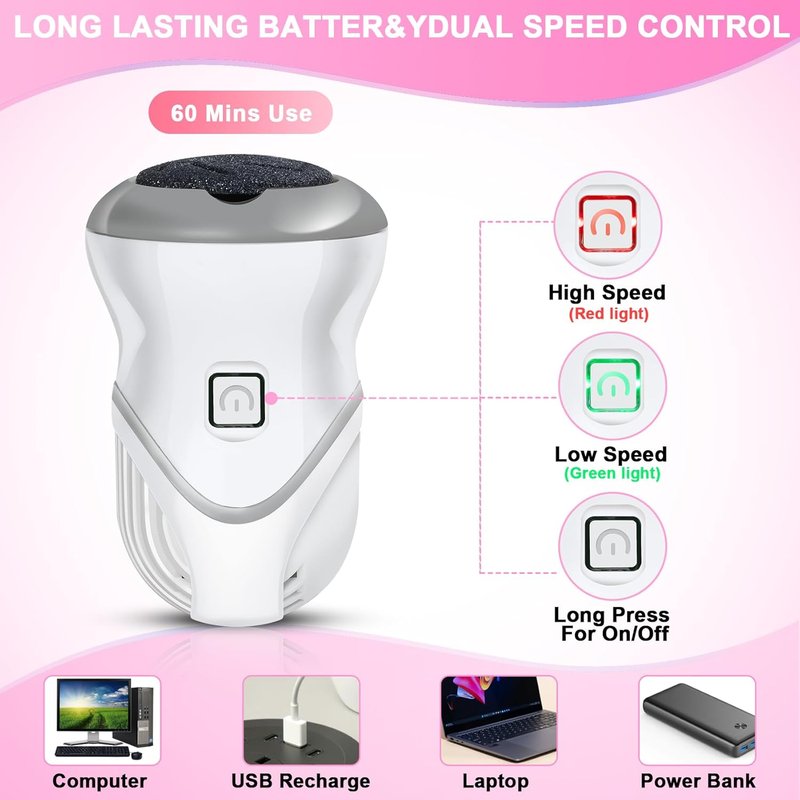 Electric Foot Callus Remover - Rechargeable Pedicure Tool with 2 Speeds & 6 Grinding Heads | Portable Foot File for Cracked Heels