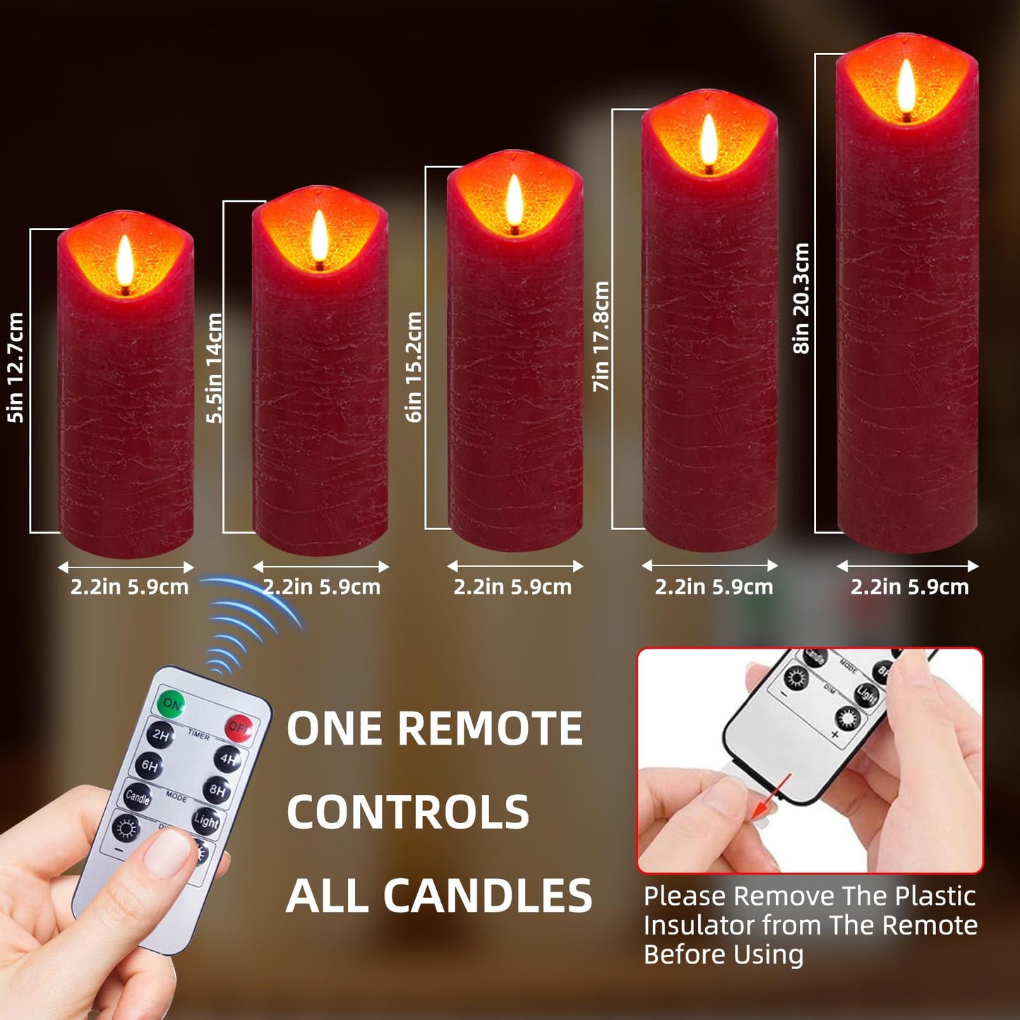 MiKoyi Flameless Pillar Candles with Remote, Battery Operated Candles Real Wax, [5-Pack] Fake LED Flickering flameless Candle with Timer Function for Room Home Decor (2.2" * 5/5.5/6/7/8"") - Red"