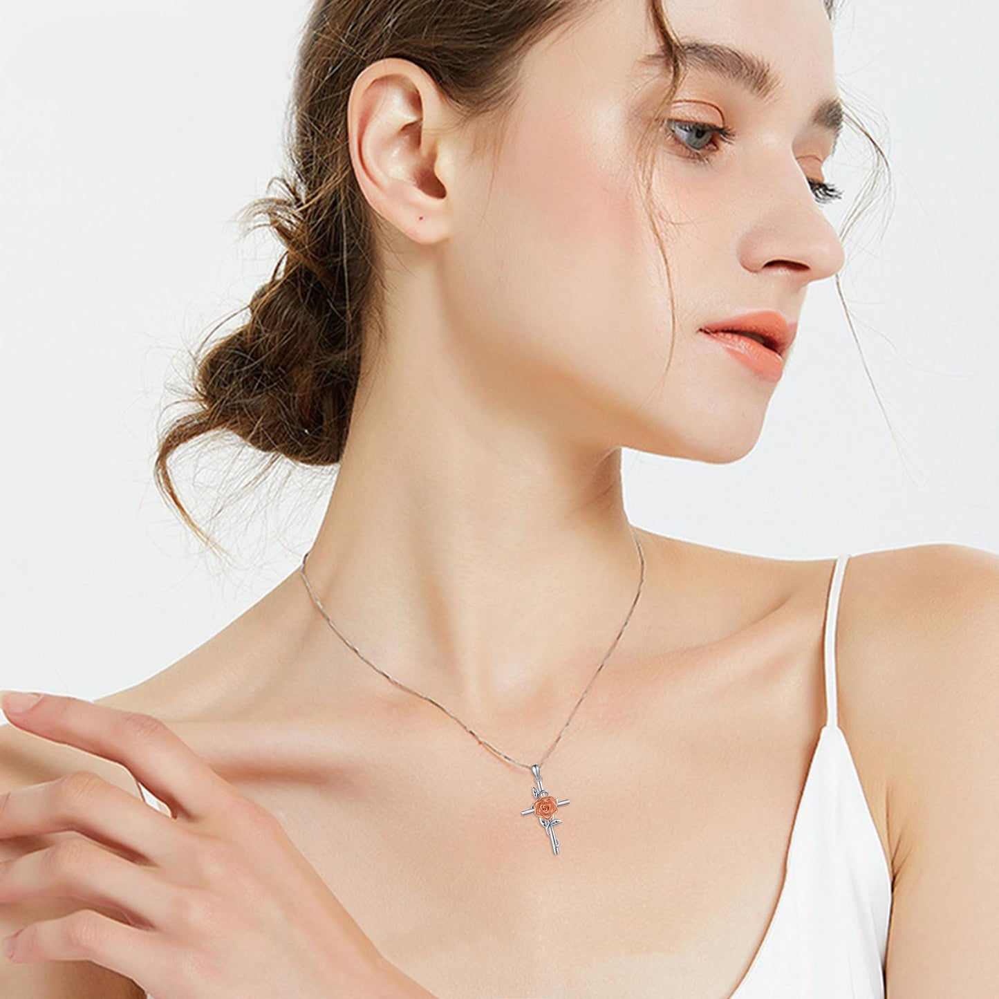 Flower Cross Necklace 925 Sterling Silver Rose Cross Necklace Birth Flower Jewelry for Women