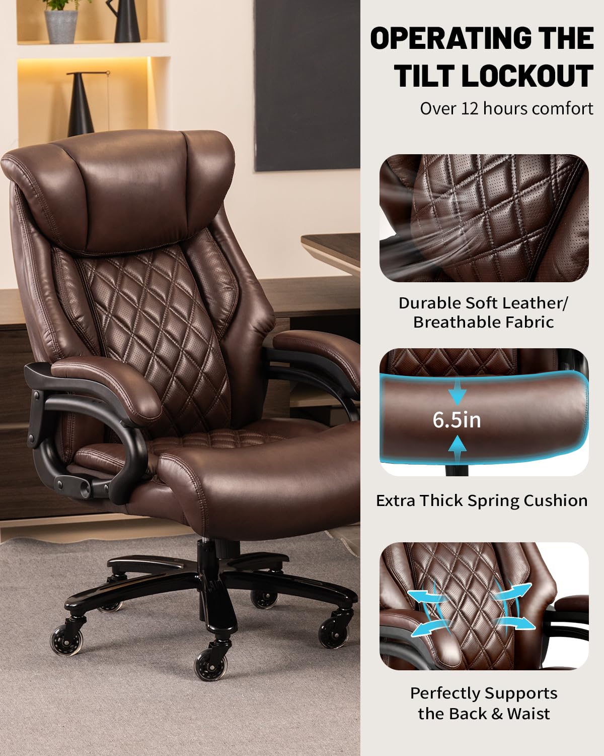 800lbs Executive Chairs, Executive Office Chairs for Big and Tall with Adjustable Lumbar Support, Office Chair for Heavy People, Leather Desk Chairs with Quiet Rubber Wheel and Extra Wide seat