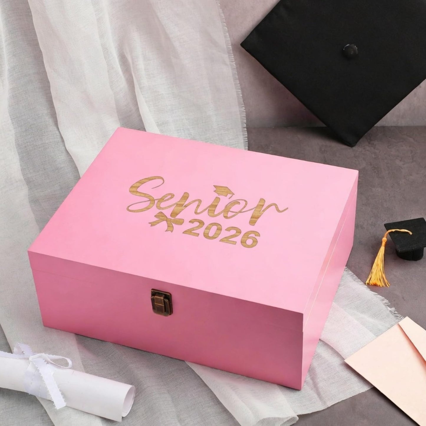 Leinuosen Large Graduation Keepsake Box 13'' Senior 2026 Graduation Cap Gown Box Class of 2026 Graduate Wooden Engraving Case for College High School(Pink,Senior 2026 Bow)