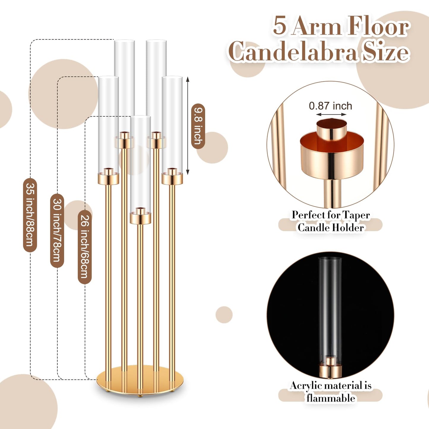Tandefio 4 Pcs Acrylic Candelabra Centerpieces 35" Tall Clear Candle Holders Pillar Taper Candlestick with Lampshades 5 Arm Floor Candelabra Stand for Wedding Christmas Ceremony Dinner Party"