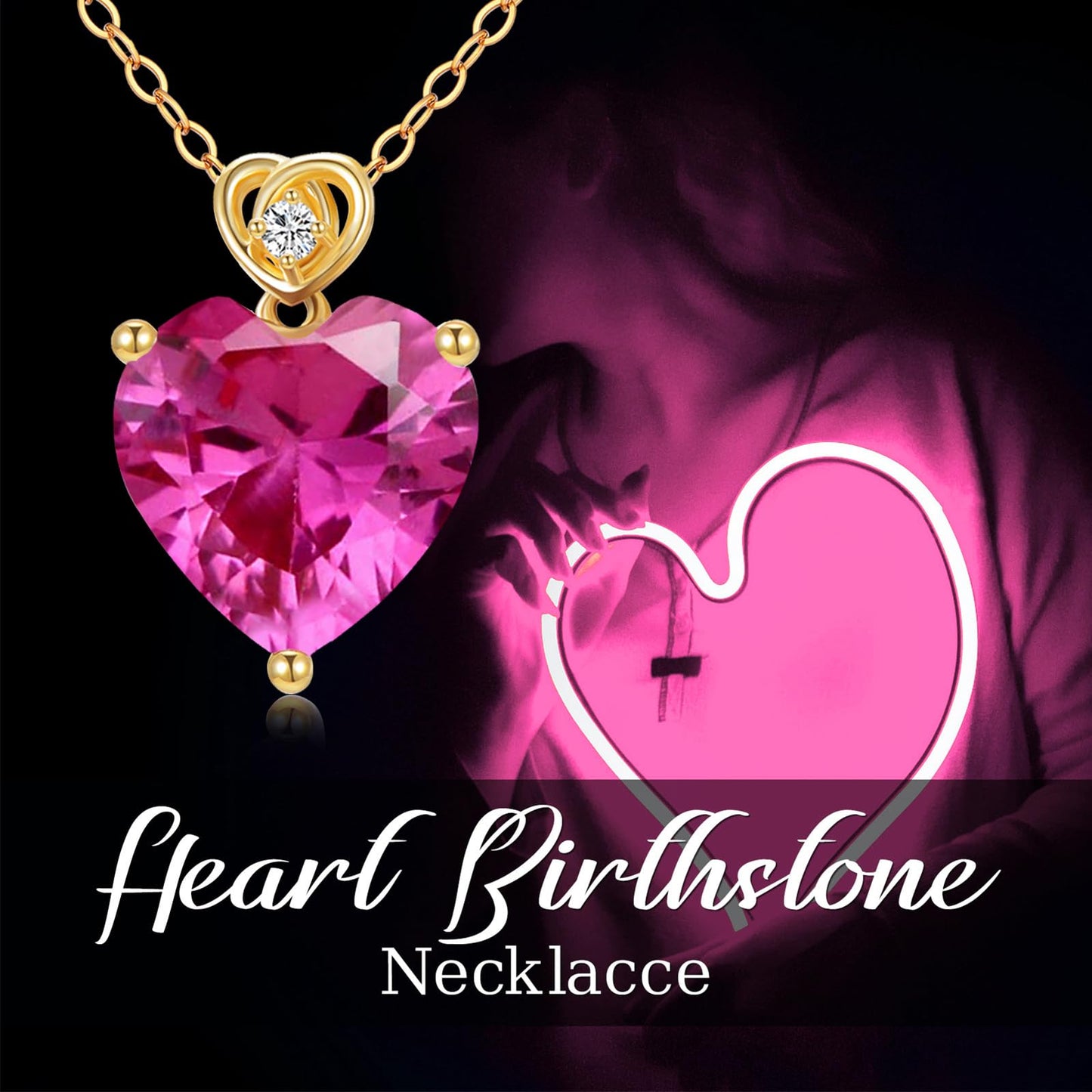 NFYBD 14k Gold Love Heart Tourmaline Birthstone Pendant Necklace for Women 3 Carat Heart-cut Created Gemstone Anniversary Birthday Mother's Day Necklaces for Her 16+1+1 inch-Oct