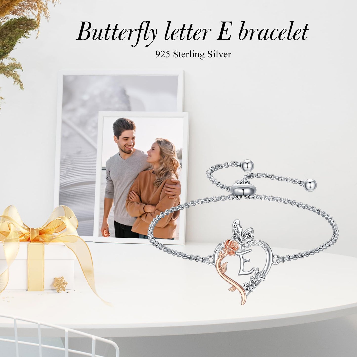 TOUPOP Rose Heart Bracelet for Women Sterling Silver Heart Initial E Letter Bracelet Butterfly Love Jewelry Anniversary Birthday Mothers Day Gifts for Mom Wife Her Girlfriend