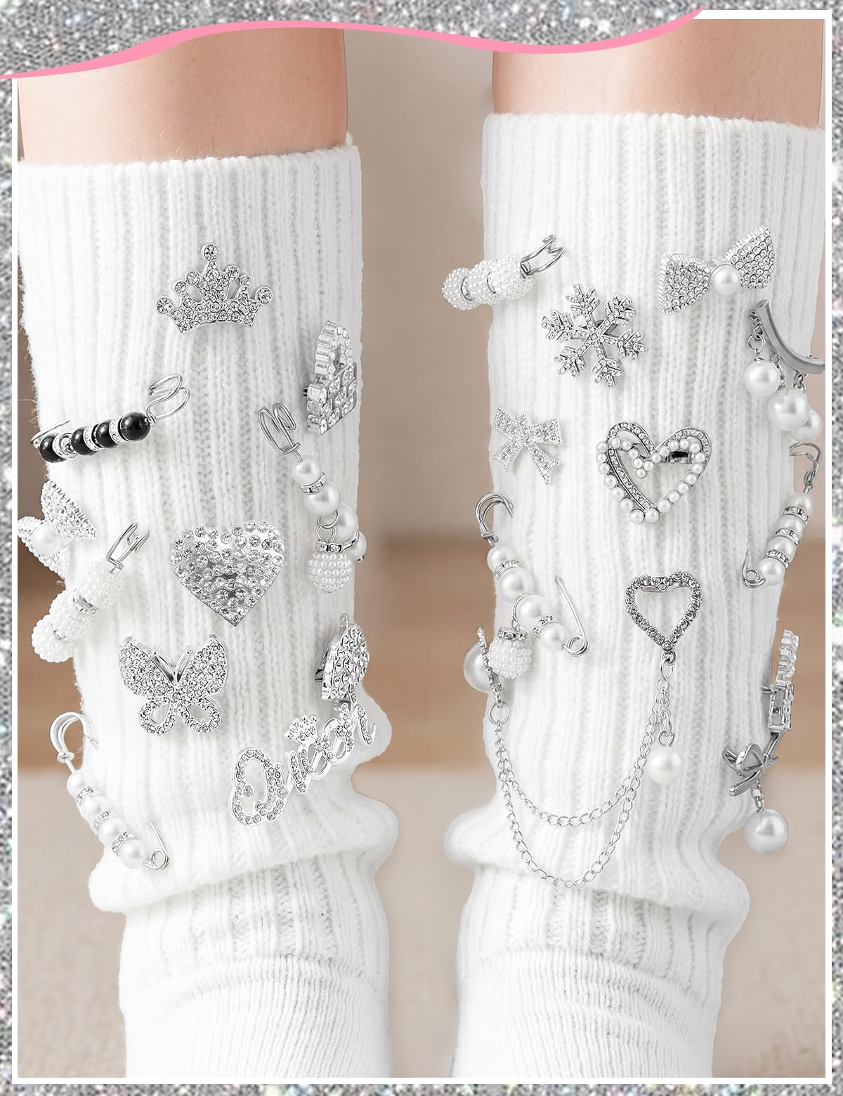RQAYE 268pcs Silver Junk Socks Charms Kit,Shoe Charms for Sneakers, Brooches and Pins for Women, Pearl and Rhinestone Sock Charm with Safety Pins,DIY Accessories for Personalizing Socks