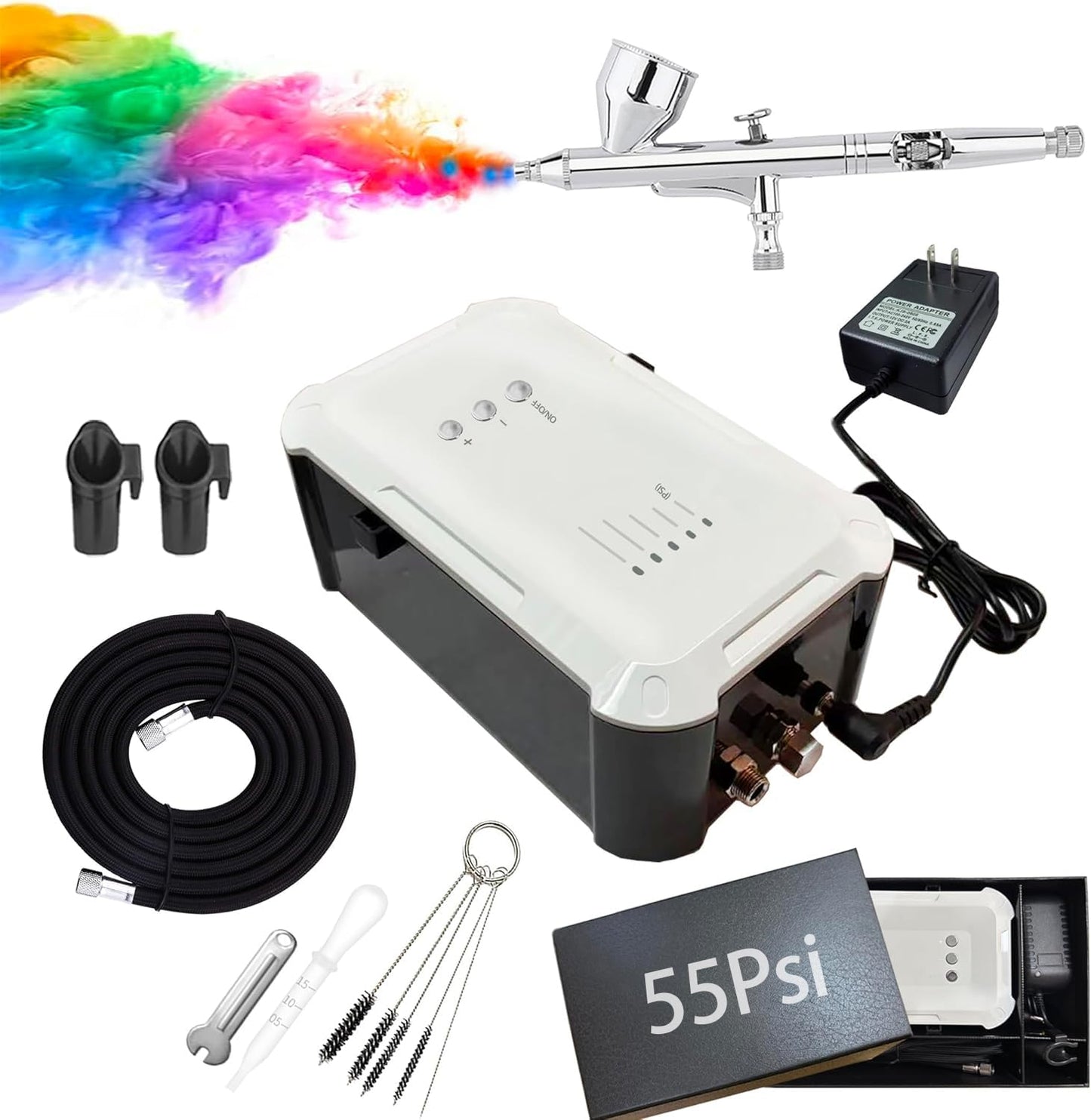 NAMEIZI Airbrush Kit with 55PSI High Pressure Compressor, Dual Action Non-Clog Air Brush Set, Portable Airbrushing Tools for Nail Art, Model Painting, Cake Decor, Tattoo, Leather Repair, DIY T-Shirt