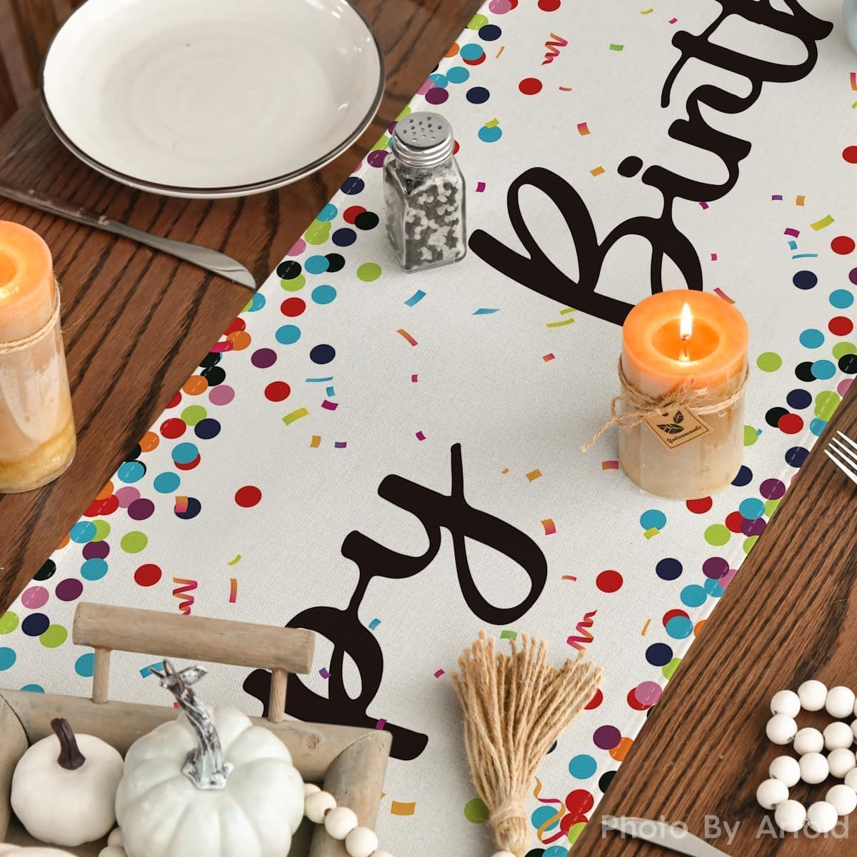 Artoid Mode Polka Dot Beige Happy Birthday Table Runner, Seasonal Kitchen Dining Table Decoration for Home Party Decor 13x72 Inch