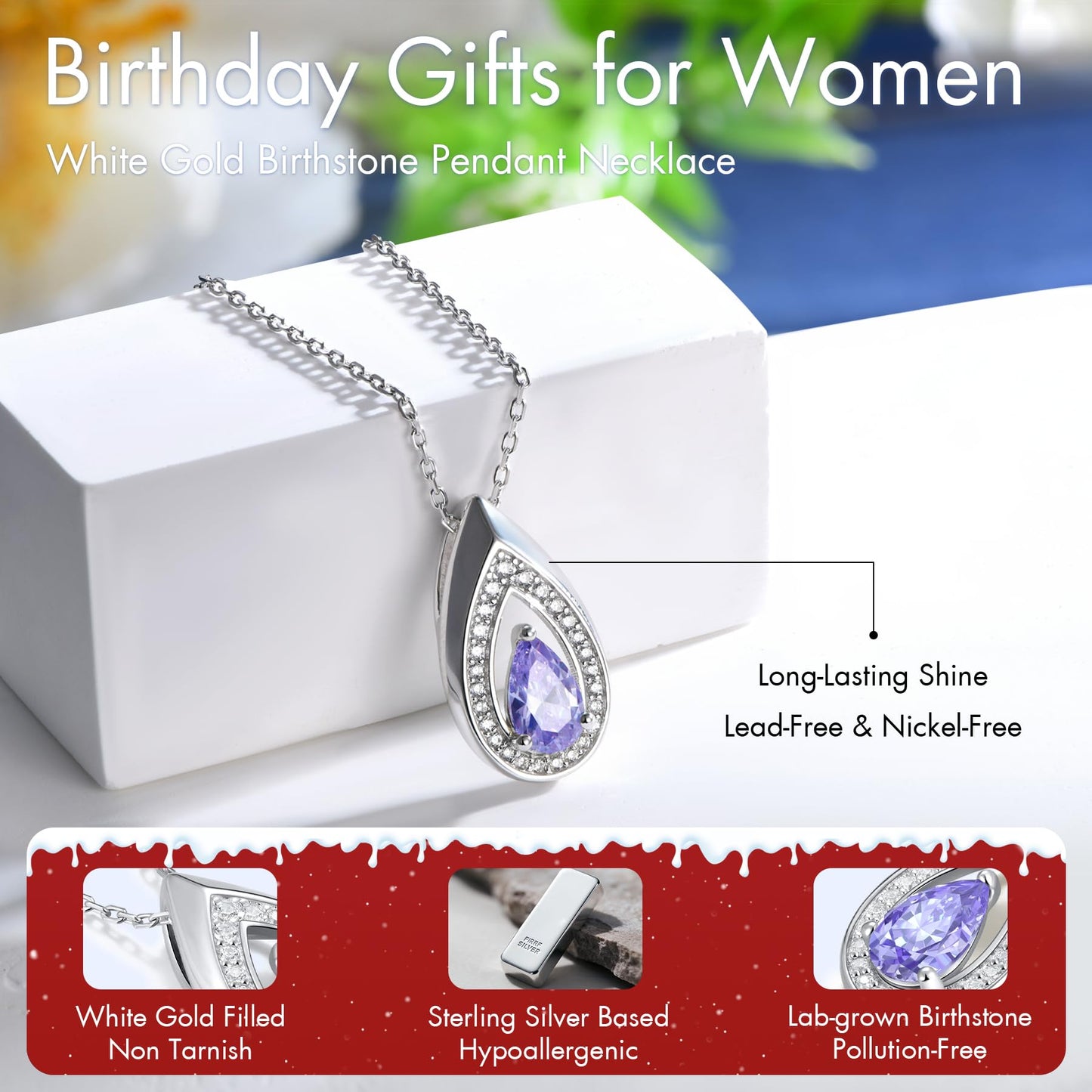 Kstyle 925 Sterling Silver Amethyst February Birthstone Pendant Necklace Teardrop Jewelry Valentine's Day Anniversary Birthday Gift for Wife Girlfriend Mom Sister Non Tarnish