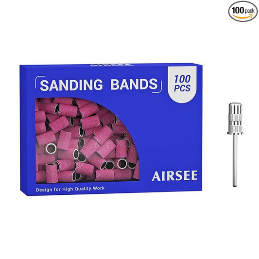 AIRSEE Sanding Bands for Electric Nail Drill 100 Piece Set 180 Grit Medium Acrylic File Attachments Professional 1 Sander Mandrel Bit Beauty Salon Accessories Manicure and Pedicure Finger Callus Pink