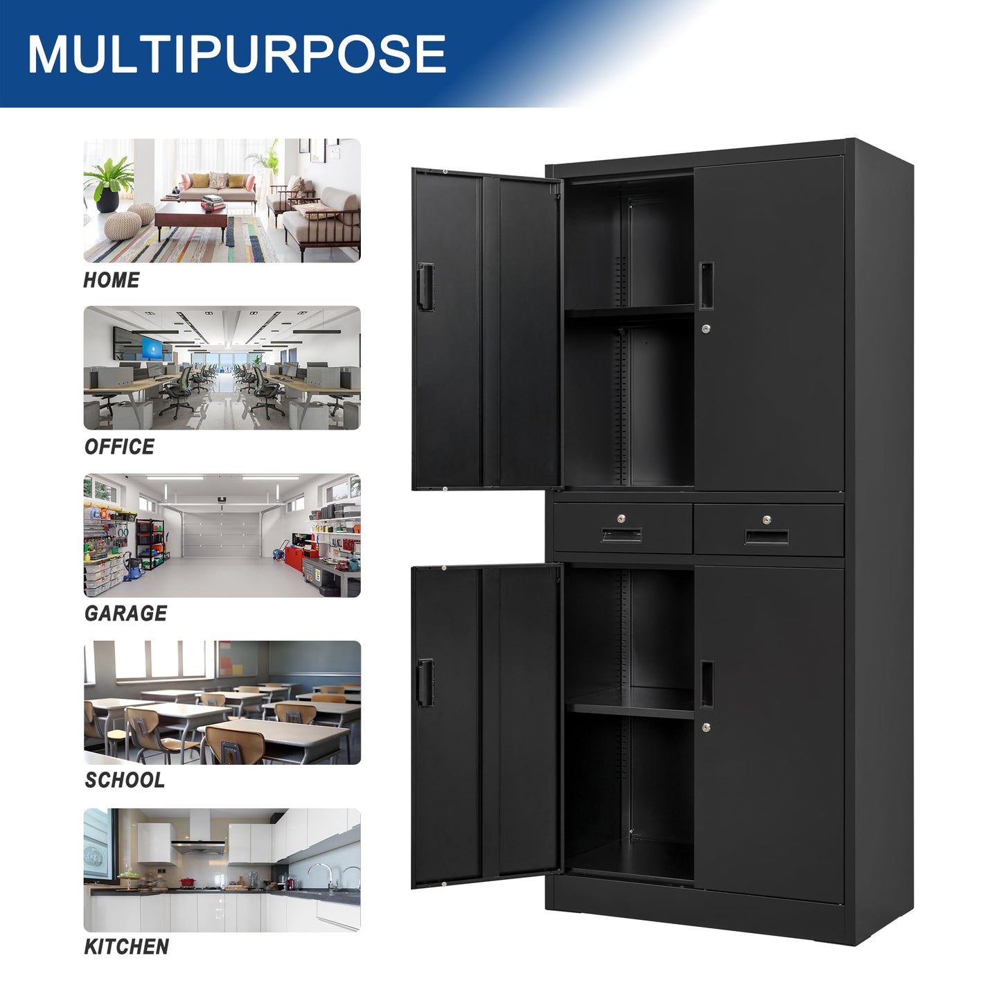 Wanfu Metal Storage Cabinet, 71" Locking Storage Cabinet with Adjustable Shelves and 2 Drawers, Steel Cabinets for Office, Garage, Home, School, Utility Room(Black)