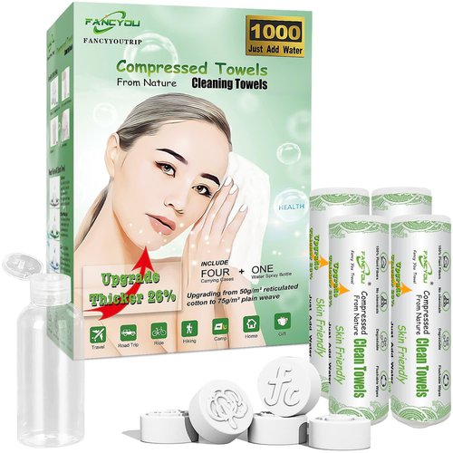 Fancyou Compressed Towel Tablets Bulk 1000 Pack with 4 Travel Cases, Thicken Cotton Disposable Face Cloths, Biodegradable Mini Compressed Expandable Coin Tissue for Salon Gym Travel Camping Home