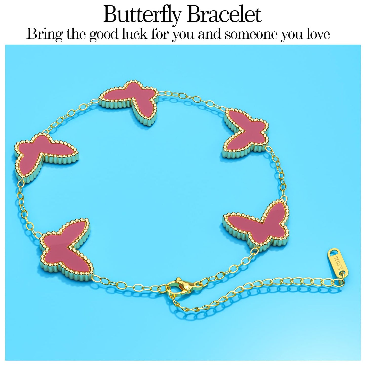 AICase 18K Gold Plated Clover Bracelet Dupes Pink Bracelet Set for Women Butterfly Flower Leaf Lucky Clover Bracelets Trendy Jewelry Birthday Gifts for Women/MoM/Friends_Pink