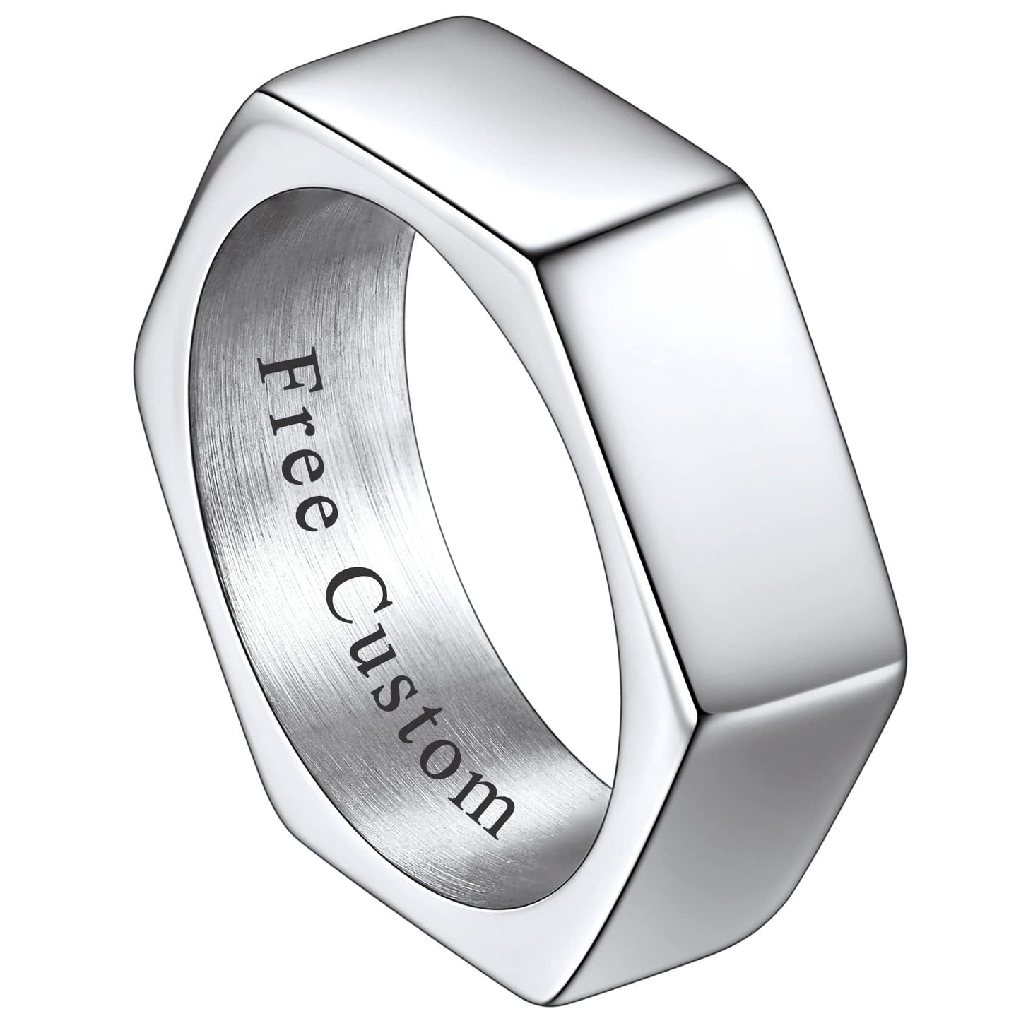 ChainsHouse Hexagon Ring Stainless Steel Geometric Biker Bands Custom Engraved Punk Jewelry for Men Women, Size 9