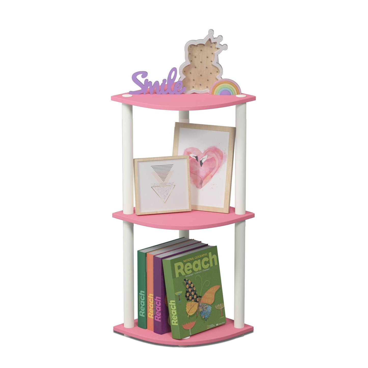 Furinno TURN-N-TUBE Corner Shelf, 3-Tier Corner Bookshelf, Display Storage Shelves with Open Shelves, for Organization and Storage, Living Room, Home Office, Garage, Pink