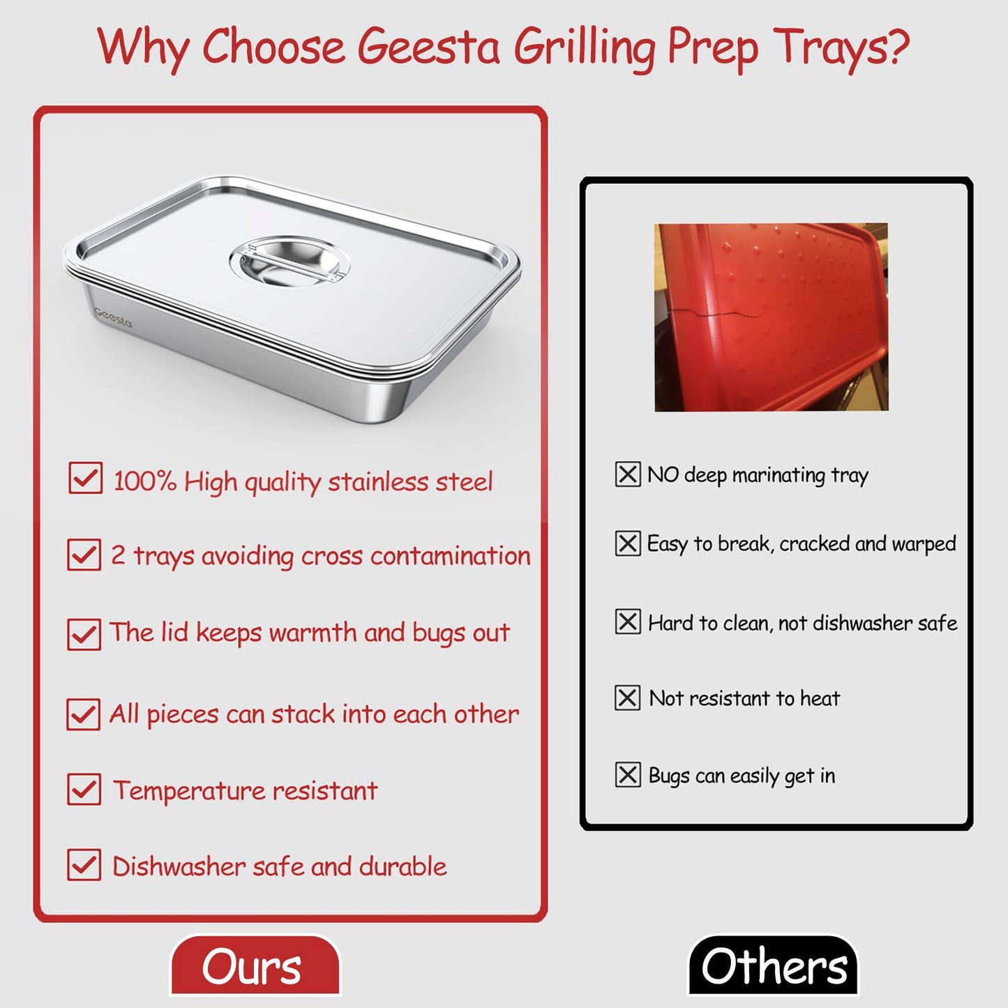 Geesta Grilling Prep and Serve Tays, Stainless Steel Large Capacity Food Prep Tray, Grill Carry System, Marinade Container with Lid and Cutting Board,BBQ Grill Accessories, Grilling Gifts for Men