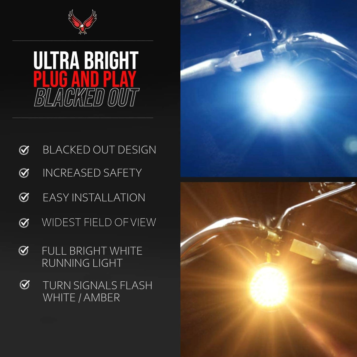 Eagle Lights Generation II Midnight Edition 2 Inch LED Turn Signals with White Running Lights (Front (1157) and Rear (1157) for Harley Davidson Motorcycles