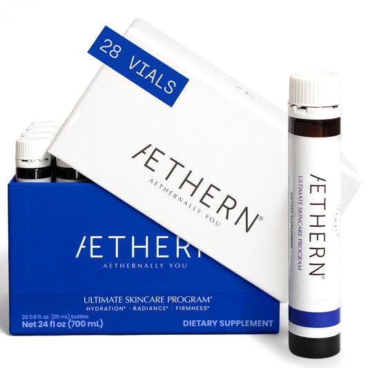 AETHERN Liquid Skin Care Supplement with Collagen + Hyaluronic Acid. Ready-to-Drink. Clinically Proven for Glowing, Hydrated, and Firm Derma. UV Protection. 28 Servings. Ultimate Skincare Program