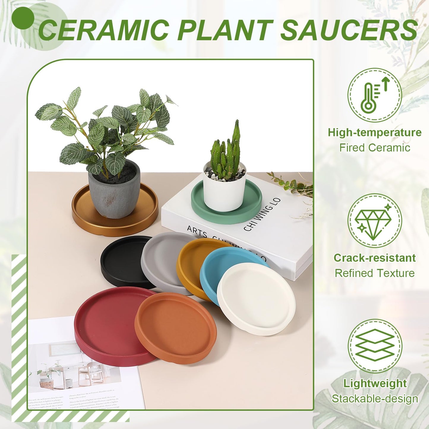 YELARXI 6.7 Inch Ceramic Plant Saucers, Round Flower Planter Water Trays Ceramic Plant Saucer Pot Tray -Fitting for (Outdoor/Indoors/Garden/Planting/Water/Flower/Coffee) Yellow