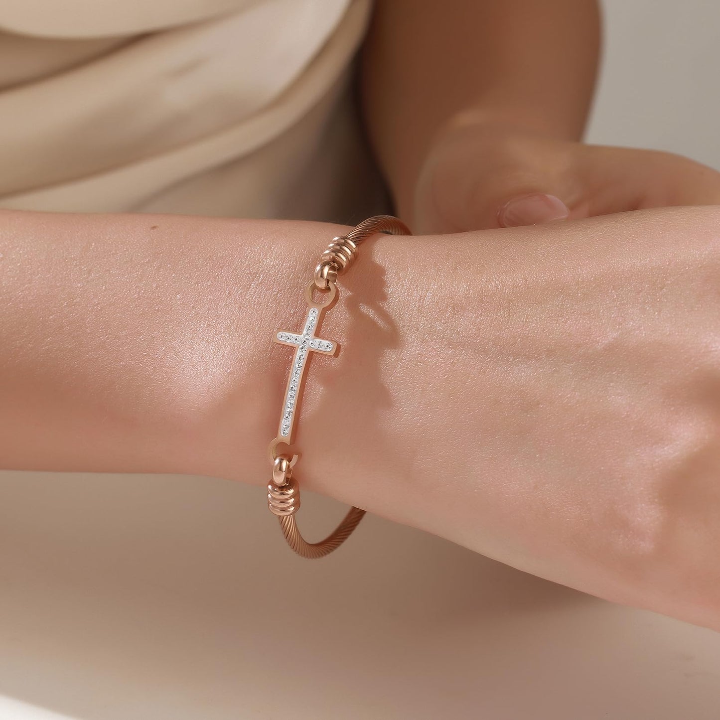 DS Religious Gift for Her Christian Cross Bracelet Bible Verse God is Within Her She Will Not Fall Inspirational Bracelets For Women Stainless Steel Jewelry Gift To Daughter Best Friend (Cross bracelet-Rose Gold 2)