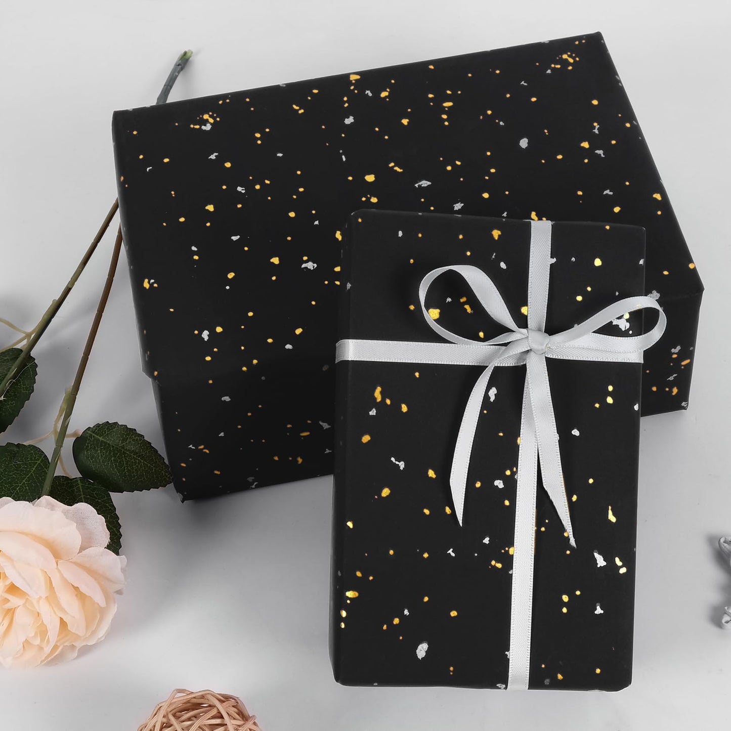 Aimyoo Black Wrapping Paper Roll - Mini Roll - 17 Inch x 60 Feet - Black with Gold Flakes Foil Design for Christmas, Wedding, Birthday,Holiday,Celebrations