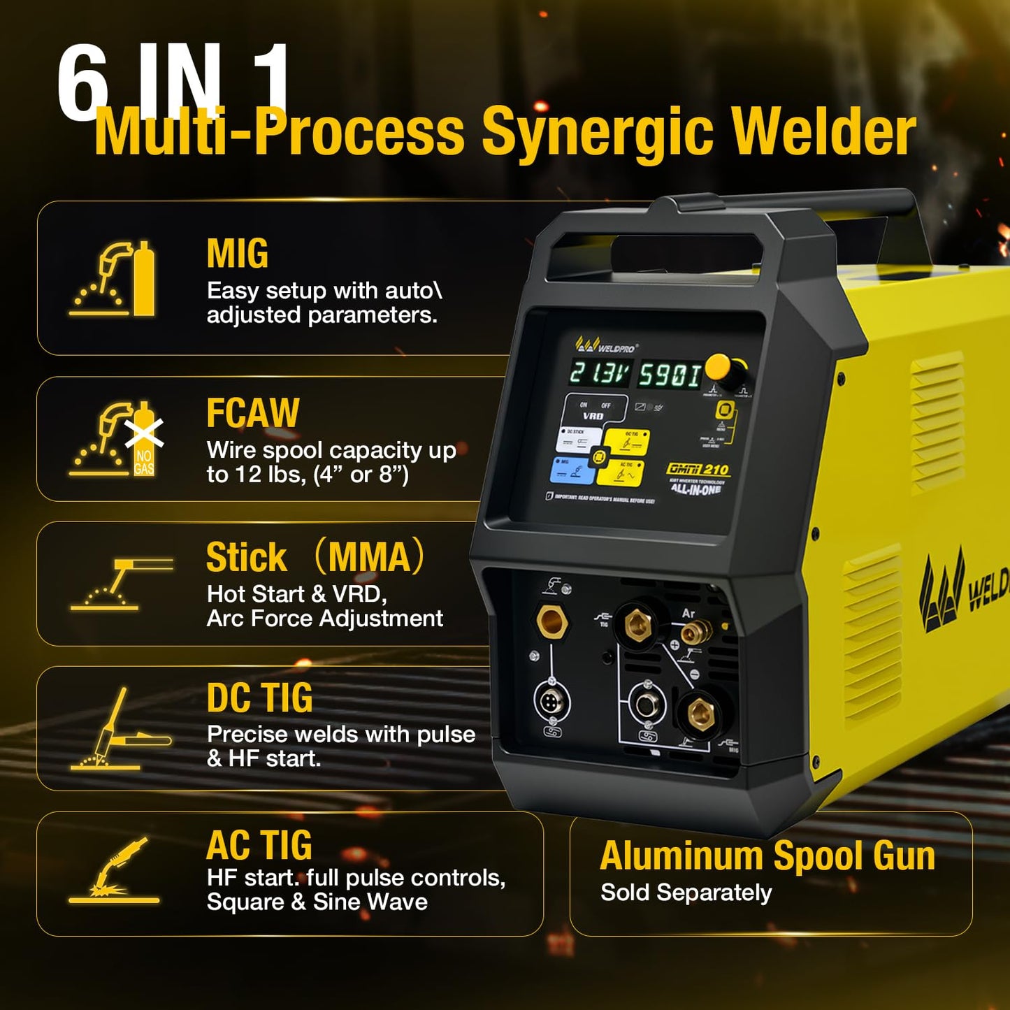 Weldpro 200A Multi Process MIG Welder, 6 in 1 MIG/Flux Core/Stick/Spool Gun/AC/DC TIG Welder 110V/220V, High Frequency Aluminum Welding Machine with Pulse/Balance/Frequency Control