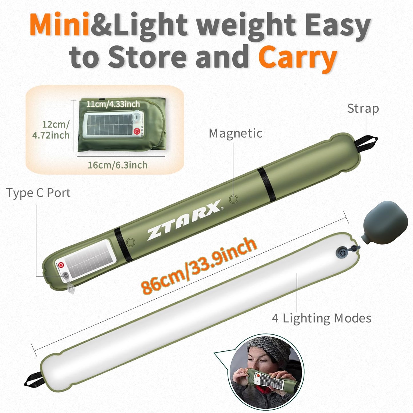 ZTARX Inflatable Solar Camping Lantern,USB Rechargeable,4 Lighting Modes,IP66 Waterproof,Portable and Lightweight Tent Light 86cm