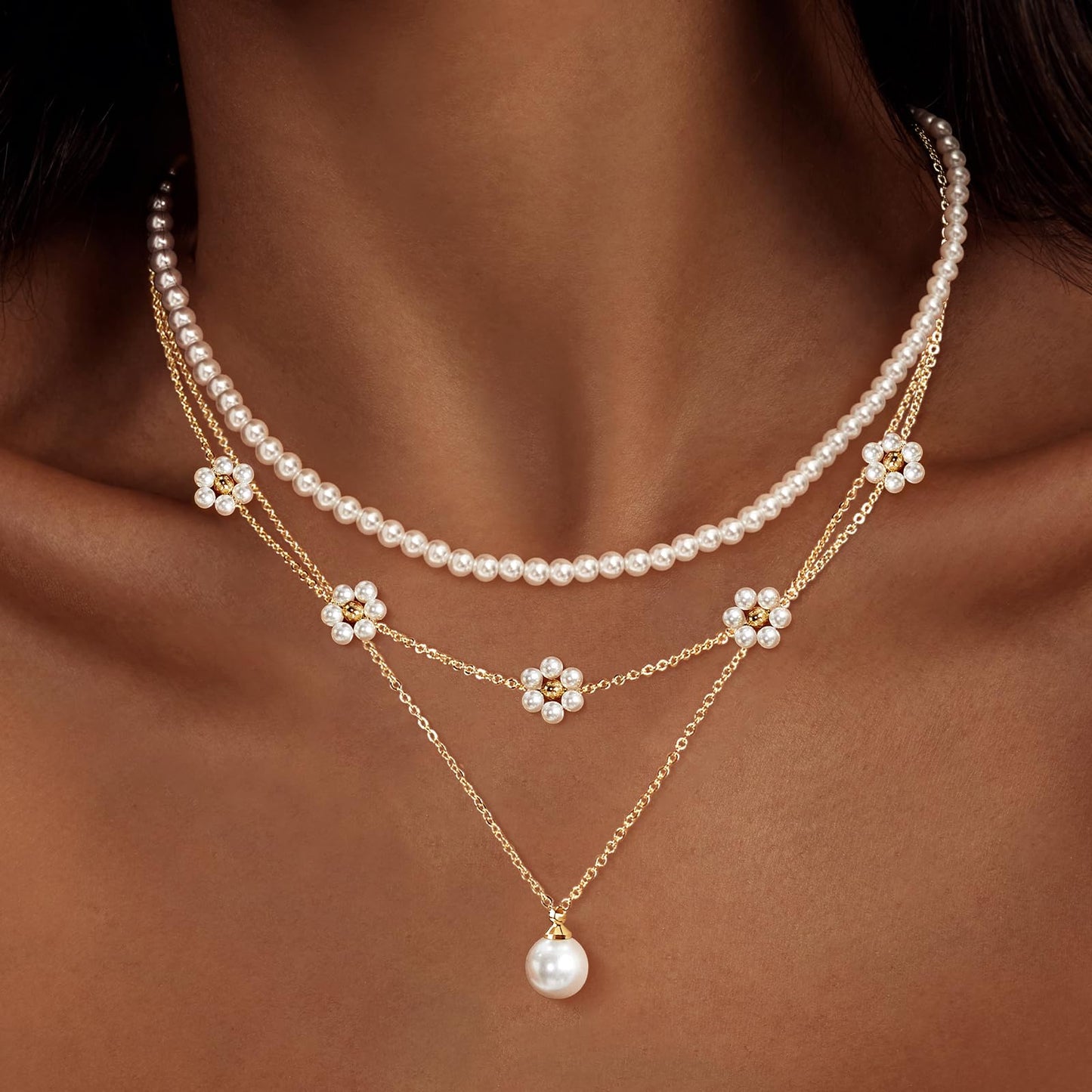 Zeffy Gold Daisy Pearl Necklaces for Women Gold Dainty Layered Single Pearl Choker Trendy Cute Silver Necklace Stack Wedding Jewelry Sets for Women Bridesmaid Gifts