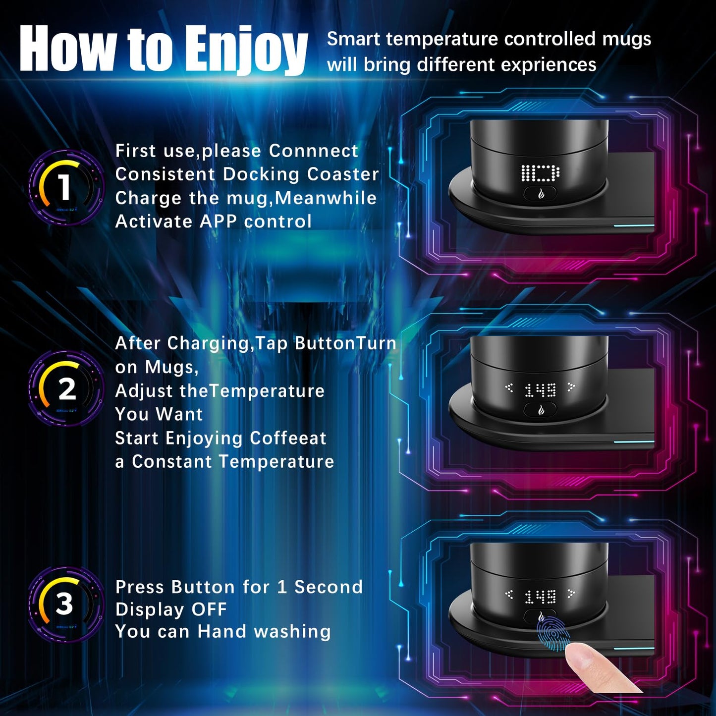 LEGARDLILIU Smart Self Heating Coffee Mug 18 Oz Temperature Control Heated Coffee Mug App Controlled Warmer Mug 5-10 Hour LED Display Keep Coffee Hot All Day Fast Wireless Charger Base Dull Black