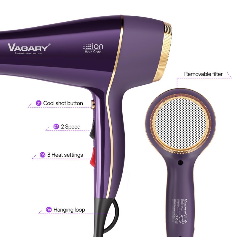 VAGARY Hair Dryer with Diffuser Concentrator, 2200W Professional Salon Ionic Blow Dryer for Frizz Free Smooth Hair, Featuring 2 Speeds and 2 Heat Settings, Cool Shot Button（Purple）