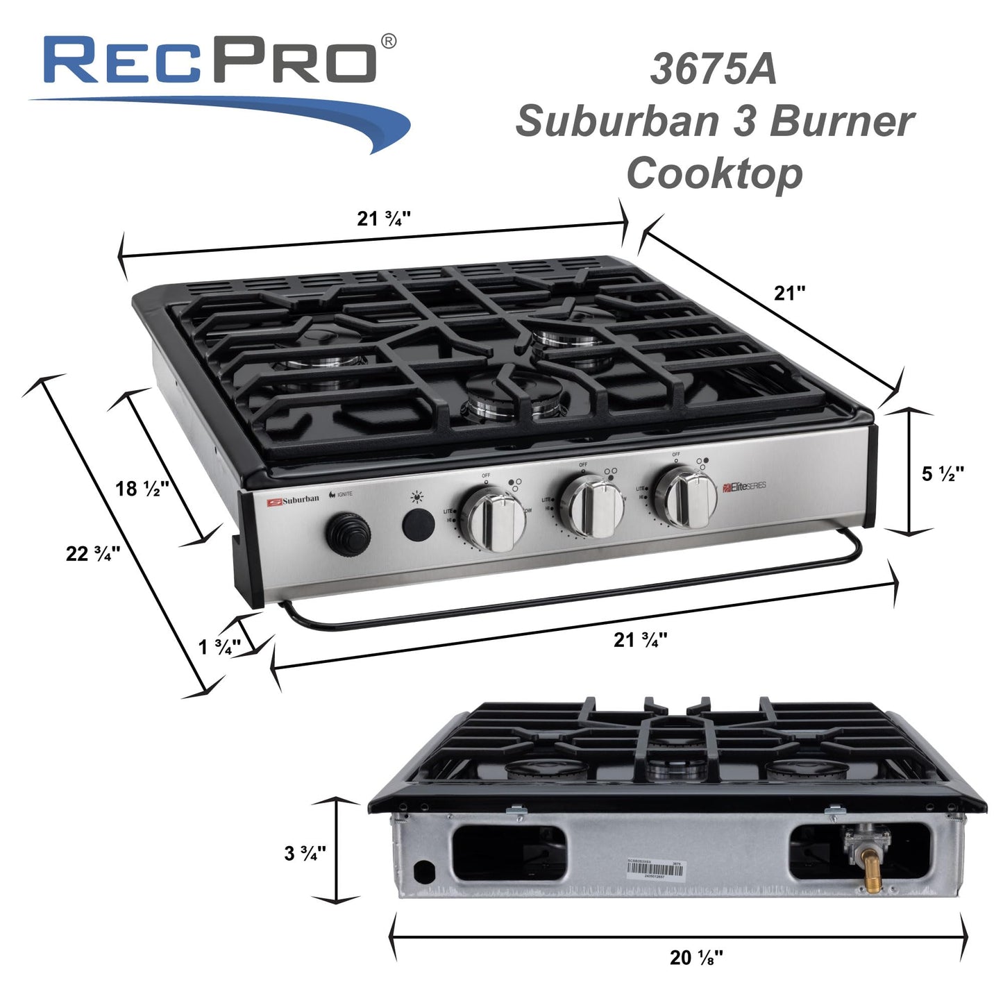 RecPro Suburban RV 3 Burner Propane Gas Cooktop | Slide-In Black Triple Burner Stove | 9000 BTU Front Burner, Dual 6500 BTU Rear Burners | Piezo Ignition | 12V DC