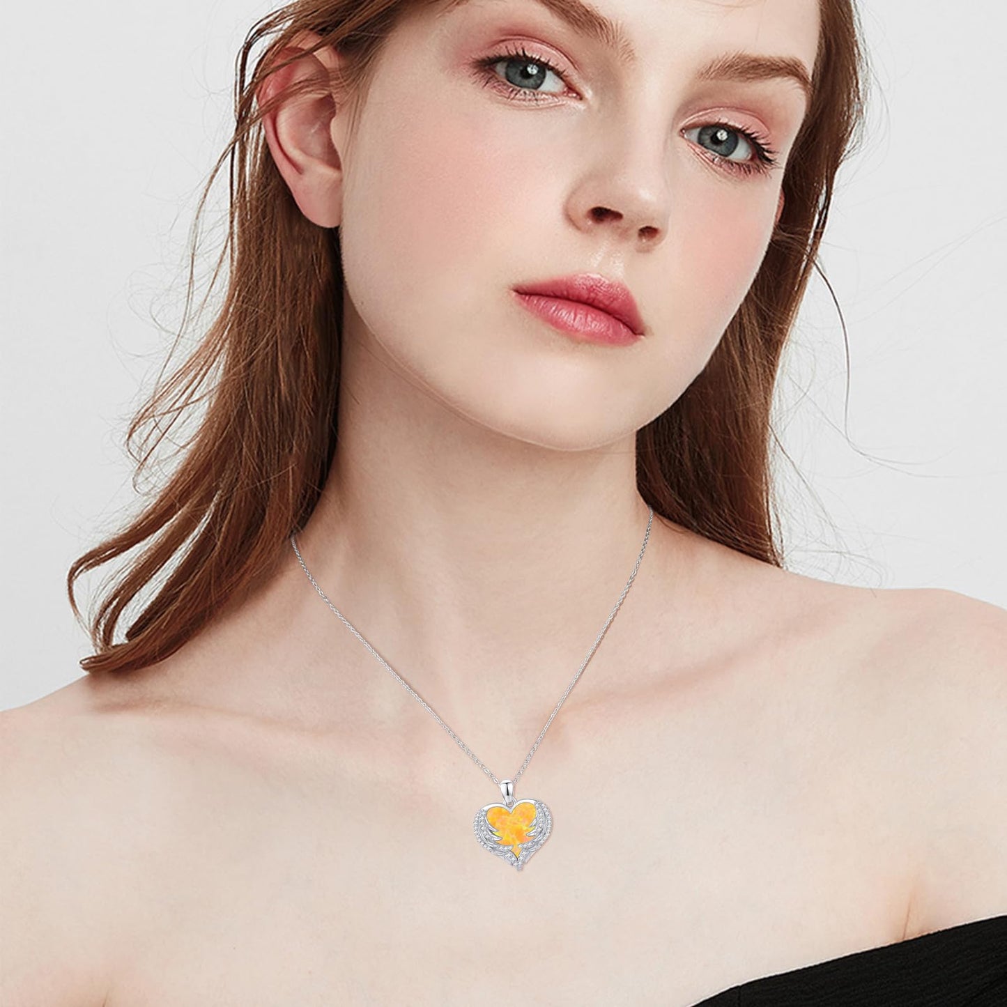 CUOKA MIRACLE Heart Necklace Angel Wing Heart Opal Necklace 925 Sterling Silver Women Necklace Guardian Angel Wings Pendant Necklace Dainty Opal Jewelry Birthday Gifts for Mom Women (Yellow Opal Wings)