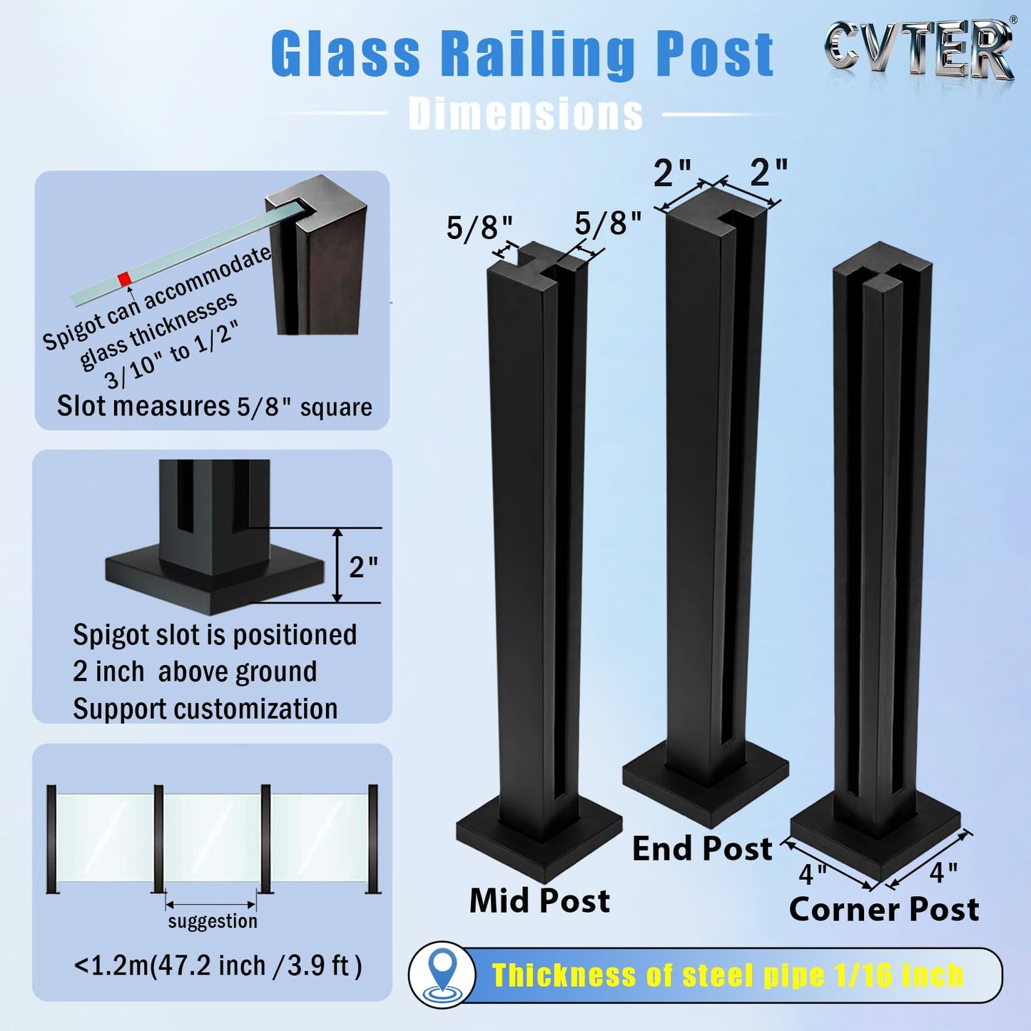 Cvter Glass Railing Post, 24/31/35/41/47 inches, 304 Stainless Steel Glass Railing System with Slots, Heavy Duty Spigot Clamp for Deck Balustrade, Balcony, Patio, Pool Black 24in Mid Post