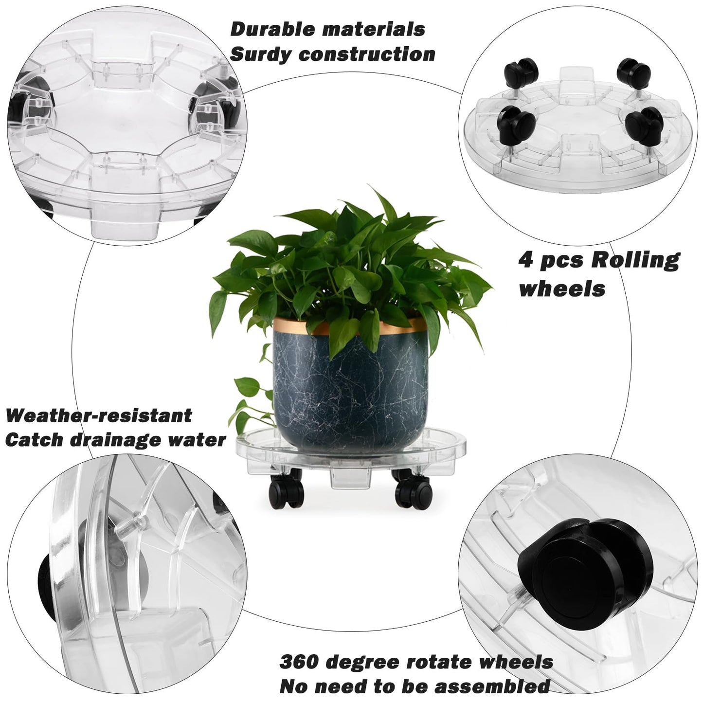 KvyusFlourish 4 Packs 13.8 Inches Large Clear Plant Caddy Plant Saucers on Wheels Rolling Plant Stands Heavy-duty Plant Dolly Plastic Planter Roller Base Pot Movers Outdoor Plant Tray Coaster