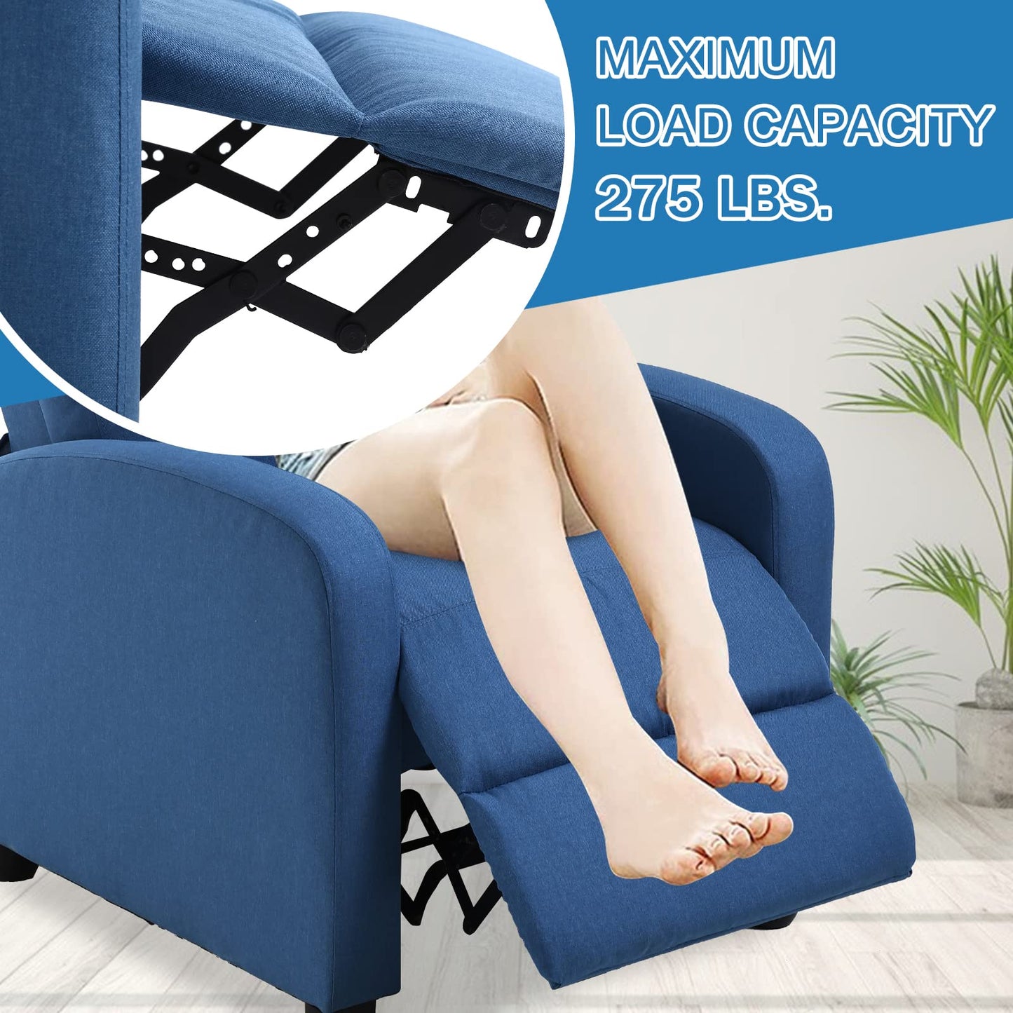 Living Room Recliner Chair Modern Reclining Easy Lounge Winback Single Sofa Reading Chair Fabric Home Theater Seating Massage Adjustable Accent Armchair w/ Thick Seat Cushion & Backrest, Blue