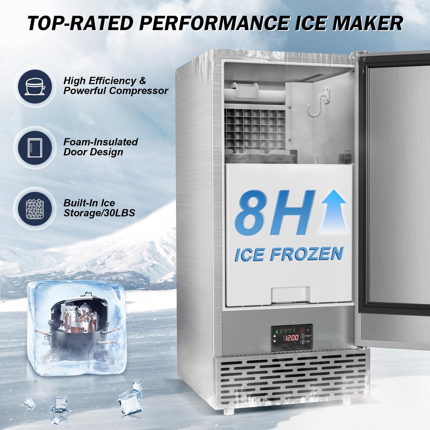 SOZT® Under Counter Ice Maker, 120LBS/24H Ice Machine, Self-Cleaning & 24H Timer, Commercial Ice Maker with 30LBS Storage - Reversible Door, Built-in/Freestanding Design for Home Bar Cafe Restaurant