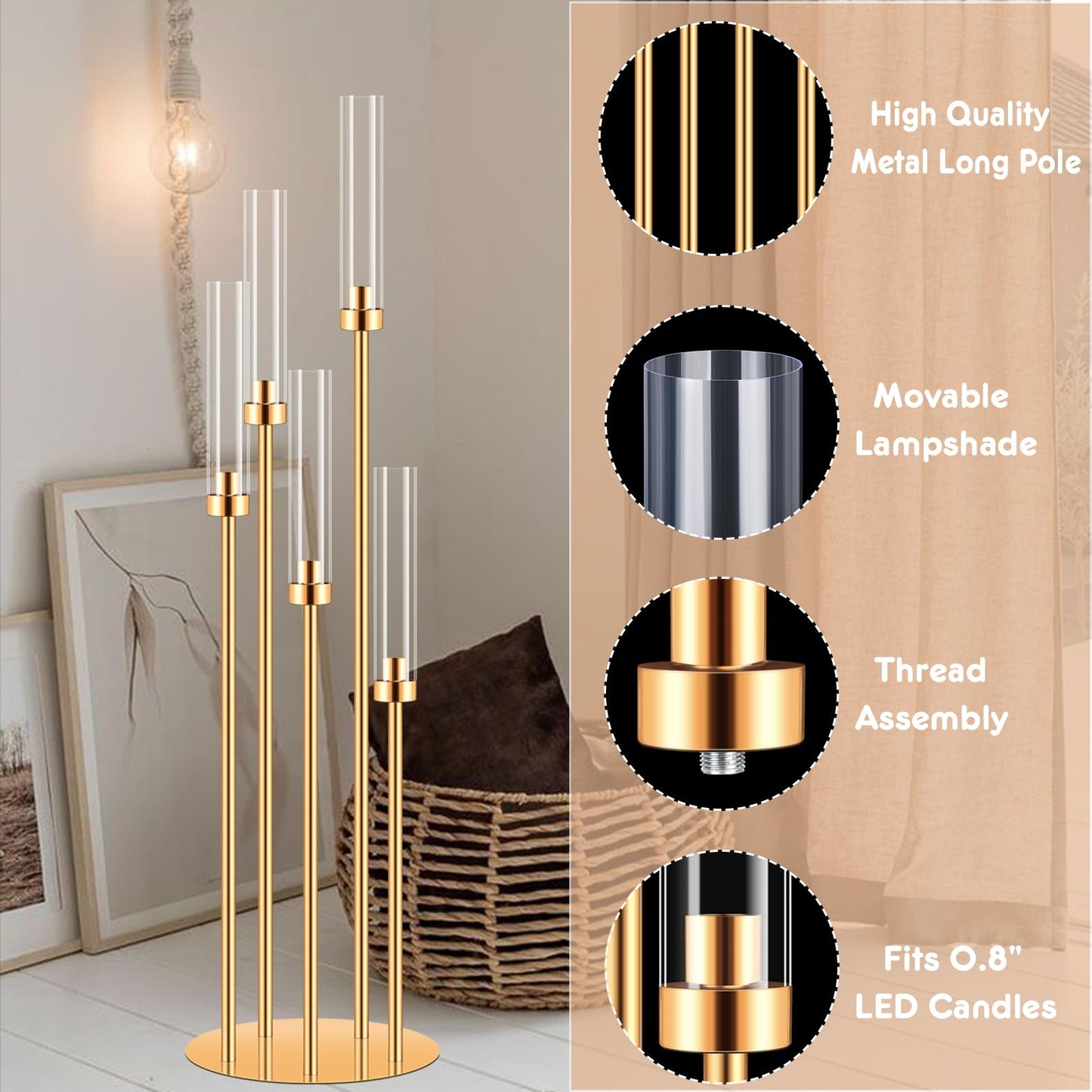 2 Sets Candelabra Centerpieces for Tables,42'' Tall 5 Arms Candlesticks Holder with Lampshade,Wedding Centerpieces,Gold Candle Holders for Wedding,Home Decoration Housewarming Gift,Fit LED Candles