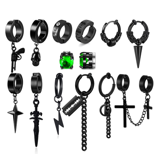 14 Pcs Black Gothic Viking Non Pierced Cross Sword Spike Awl Peace Dangle Chain Clip on Hoop Earrings Set for Unisex Fake Piercing CZ Earrings