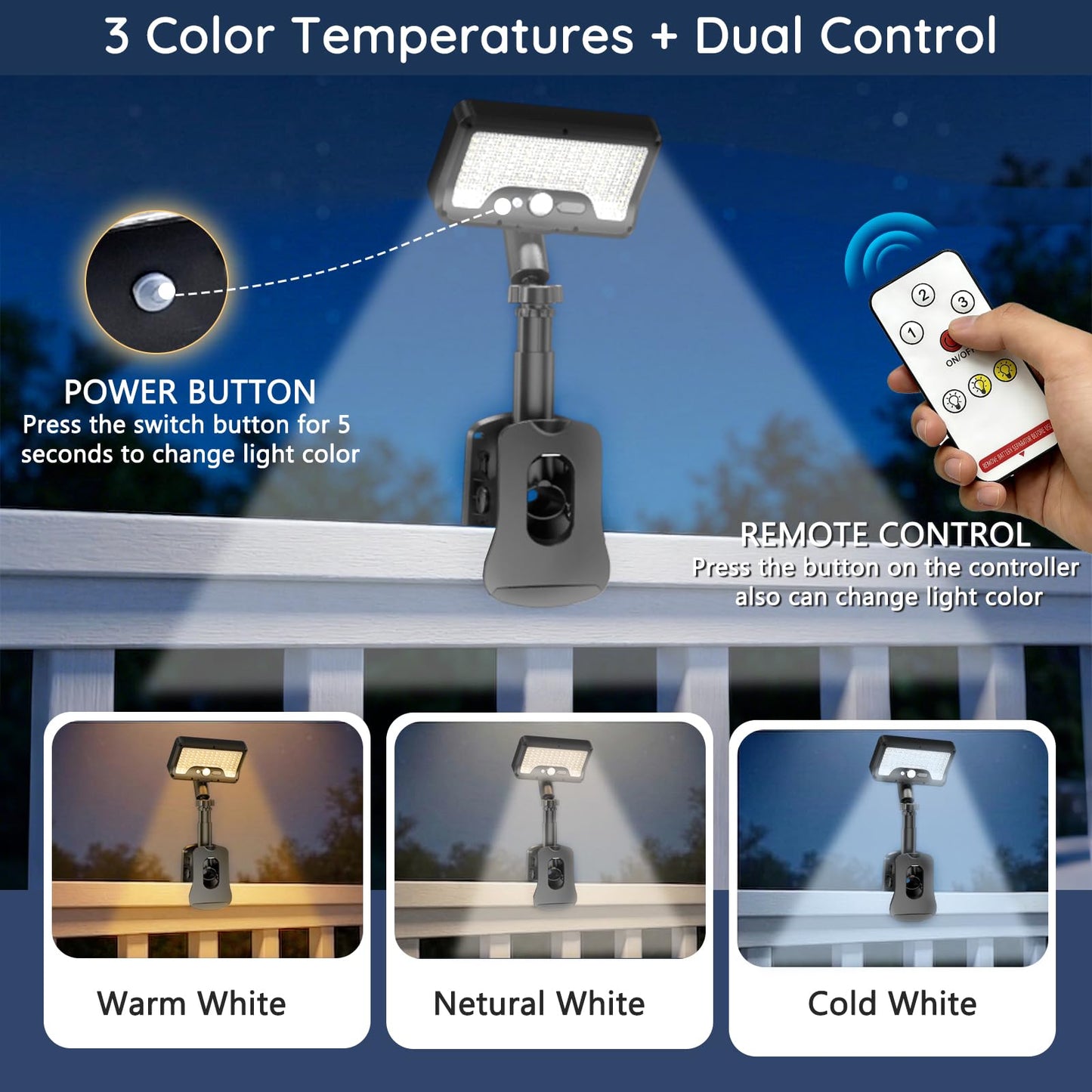Clip On Solar Lights Outdoor with Motion Sensor, 3 Modes Solar Fence Lights with 3CCT, Adjustable, USB Solar Powered, IP65 Waterproof Motion Sensor Outdoor Lights for Yard Deck Gutter(2 Pack,Black)