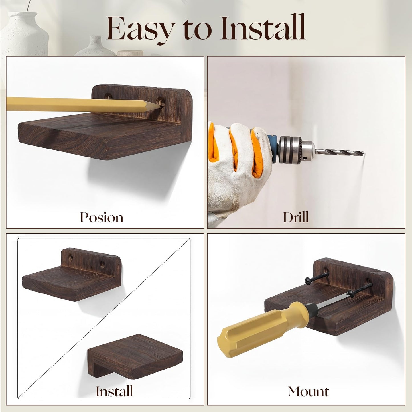 AceOrbit 8 Pcs Small Wall Shelf Rustic Wood Floating Shelves Wall Mounted Storage Supplies for Walls Living Room Bedroom Picture Frames Plants Kitchen Office Decor (Brown,1.57-1.97 Inch)
