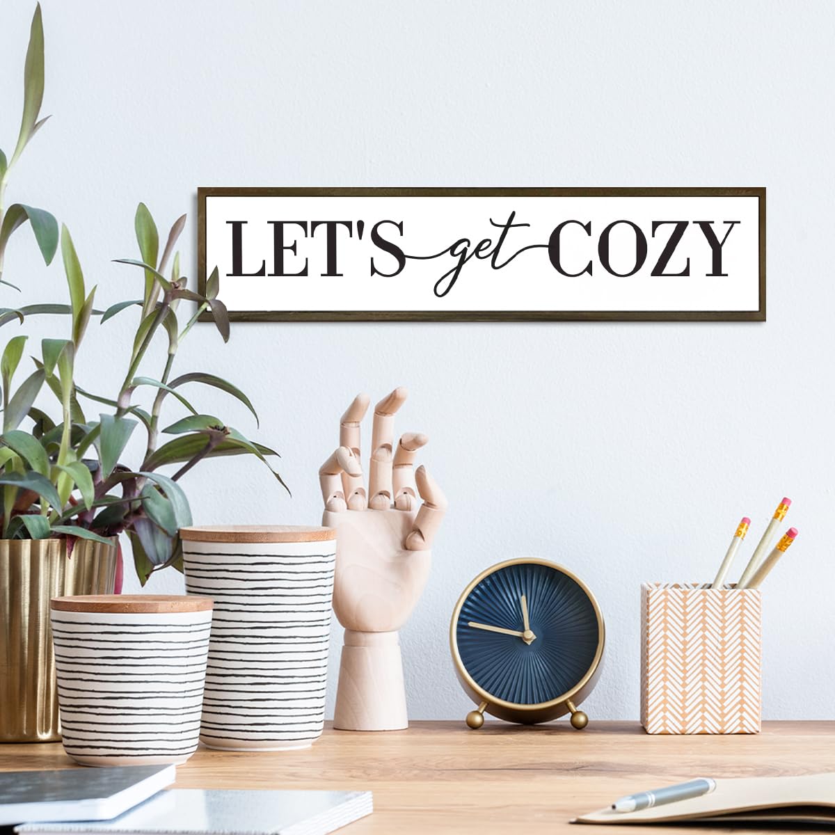 Let's Get Cozy Sign, Framed Wood Sign for Housewarming Gift, Farmhouse Country Wall Signs, Home Wall Decor Wood Framed, Wooden Box Sign Desk Décor, Tiered Tray Decor, Cozy Wall Art