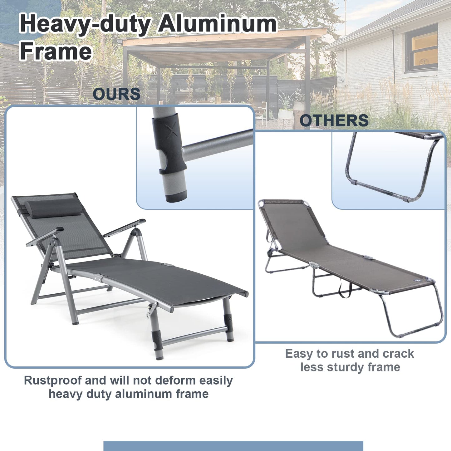 HAPPYGRILL Patio Lounge Chair Aluminum Chaise Lounge Chair with 8-Position Adjustable Backrest, 2-postion Footrest, Comfortable Headrest, Outdoor Folding Reclining Chair for Patio Poolside Backyard