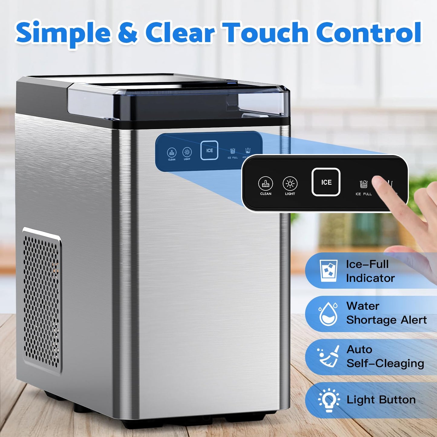 MOMOKOVA Nugget Ice Maker Countertop,Pellet Ice Machine Chewable Ice 40Lbs/Day,Ready in 5 Mins, Self-Cleaning,Compact Crushed Ice Maker with Scoop for Home/Kitchen/Office, Stainless Steel
