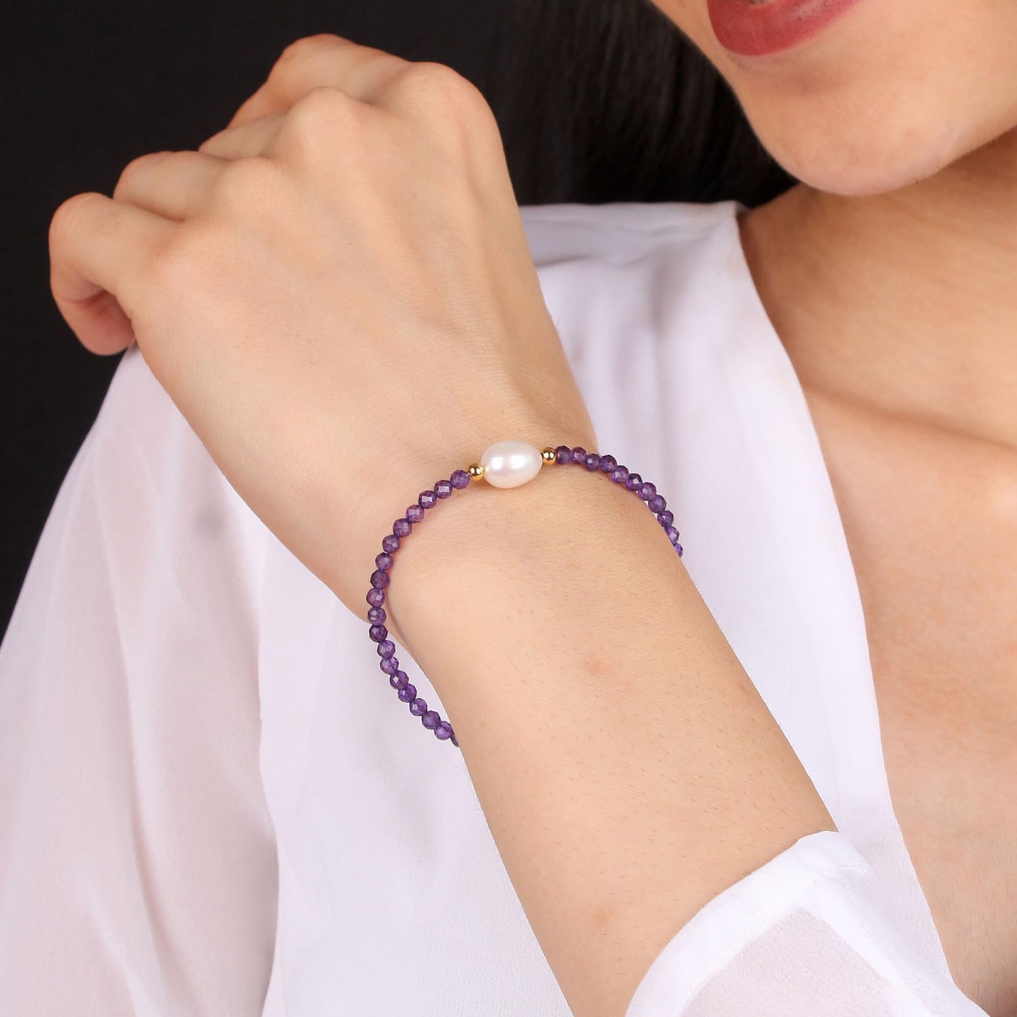 Gempires Amethyst Beaded Bracelet with Pearl Choker Crystal Jewelry Lightweight February Birthstone Gifts Hypoallergenic 7.5 Inch Gold Plated Trendy Fashion Everyday Wear Jewelry