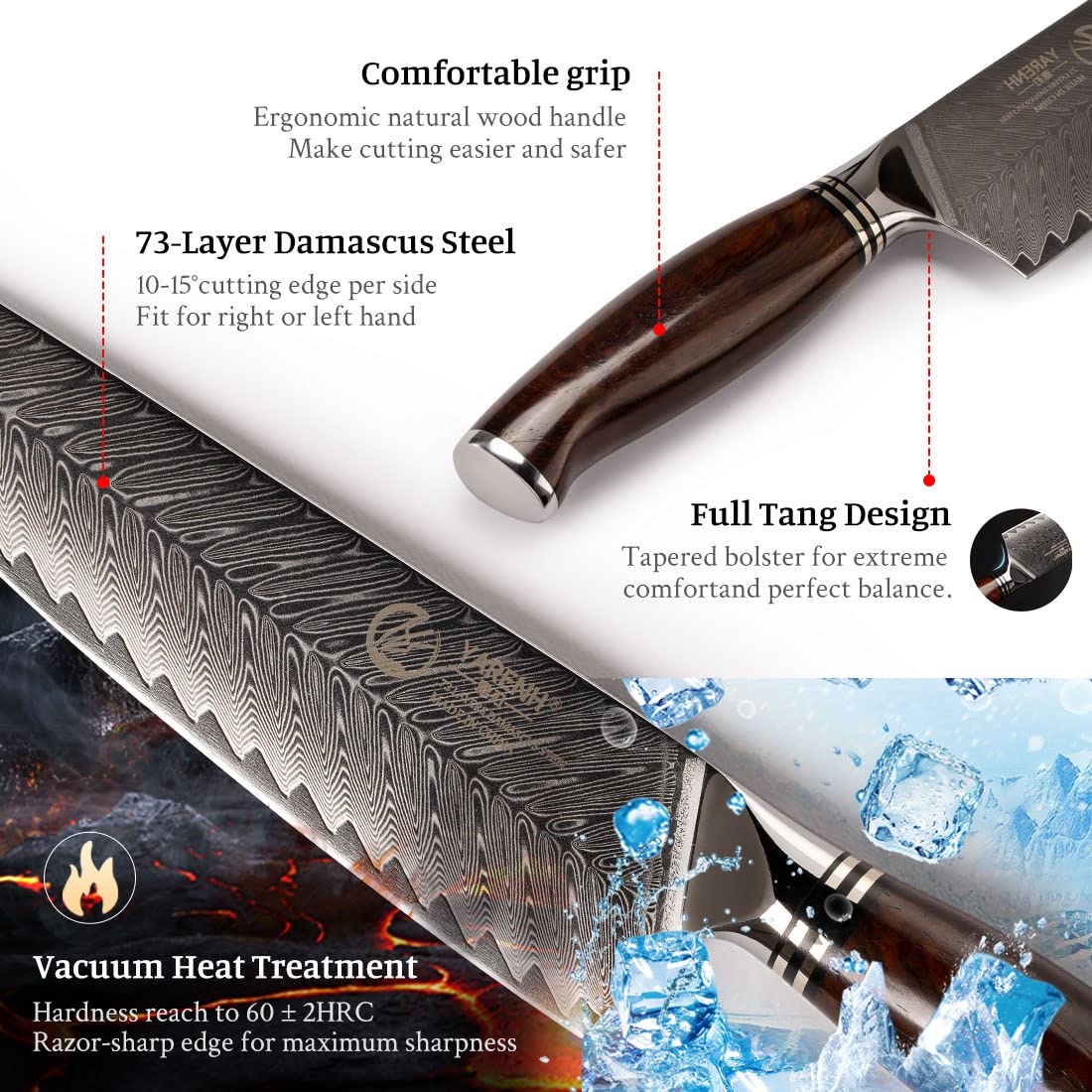 YARENH Kitchen Knife Set with Block, 8 Piece, Sharp Professional Chef Knife, 73 Layers Damascus High Carbon Stainless Steel, Full Tang Sandalwood Handle, Gift Box